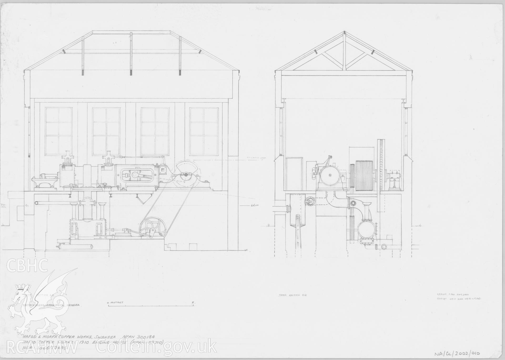 Measured survey comprising long section and cross section views of the Engine House at Hafod and Morfa Copperworks, drawn by Geoff Ward following survey by Dylan Roberts, Brian Malaws, David Percival and Geoff Ward, 2000.
