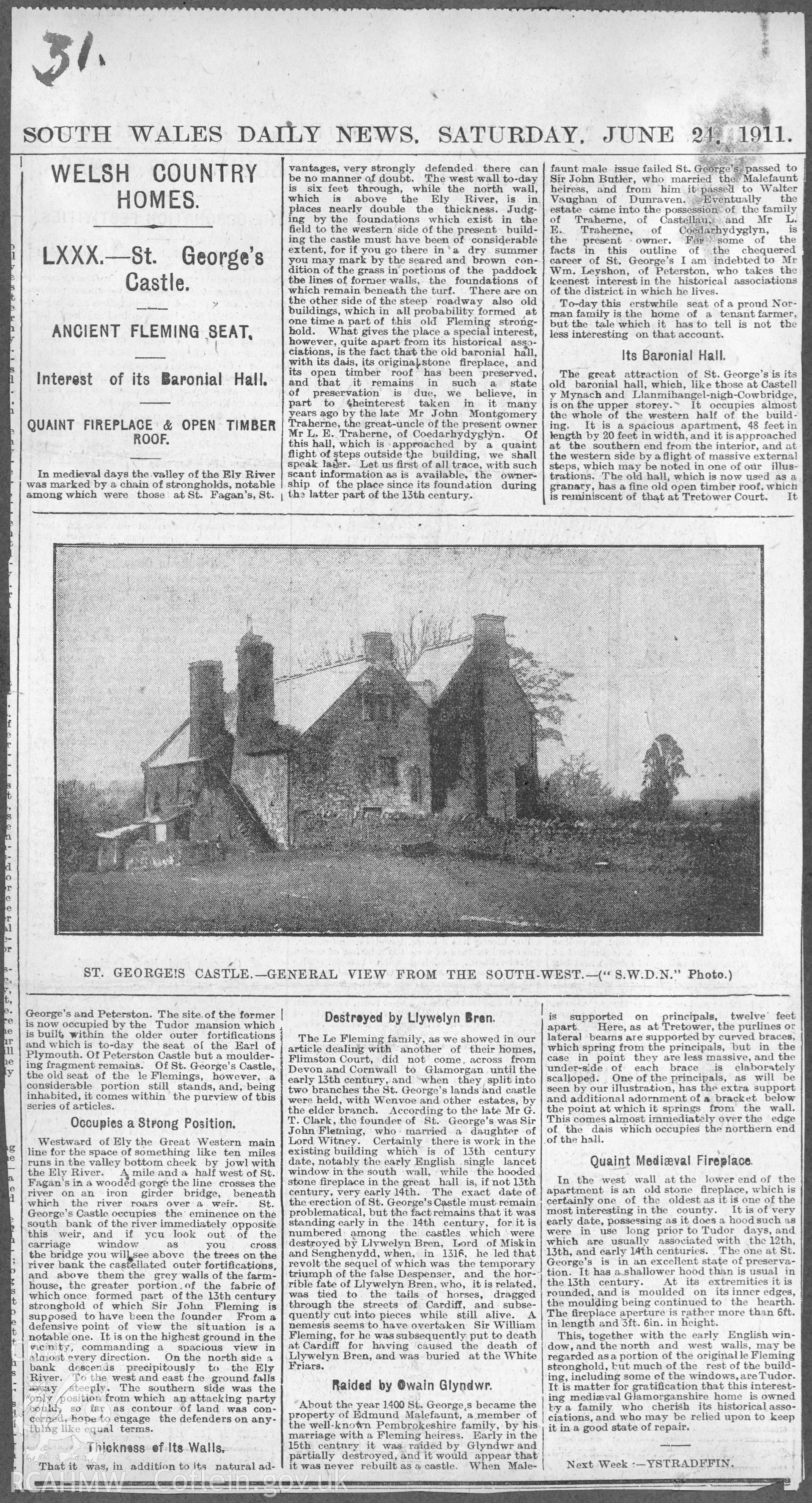 Article in the Welsh Country Homes Series, relating to St George's Castle, dated June 911.