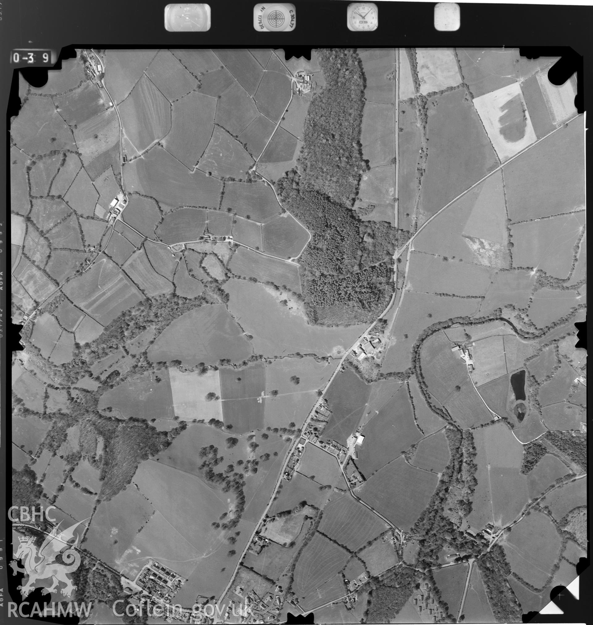 Digitized copy of an aerial photograph showing the area to the north-west of Ciliau Aeron, taken by Ordnance Survey, 1996