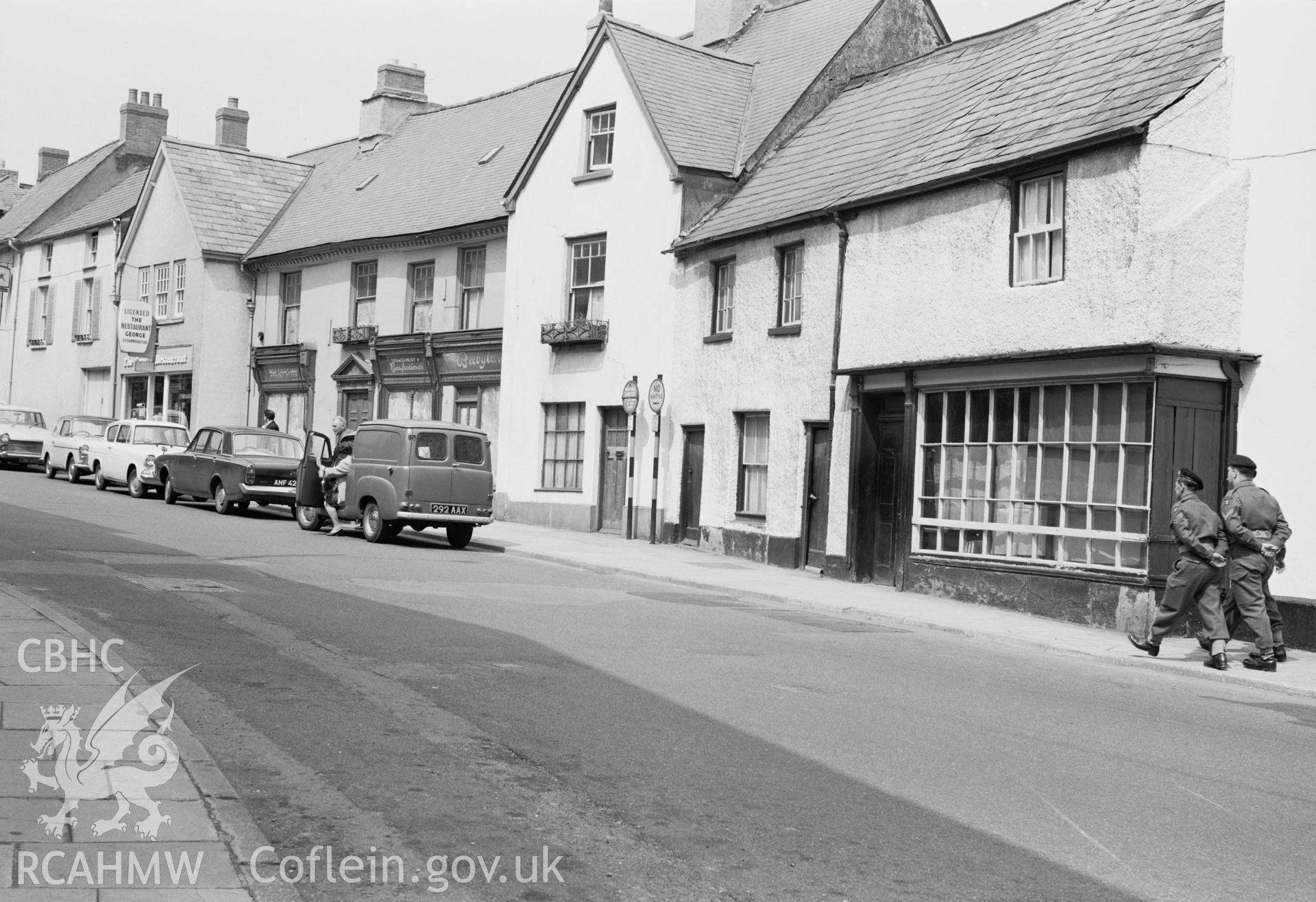 Black and white photograph showing Gunter House, Cross Street, Abergavenny taken by E.G. Holt 1965.