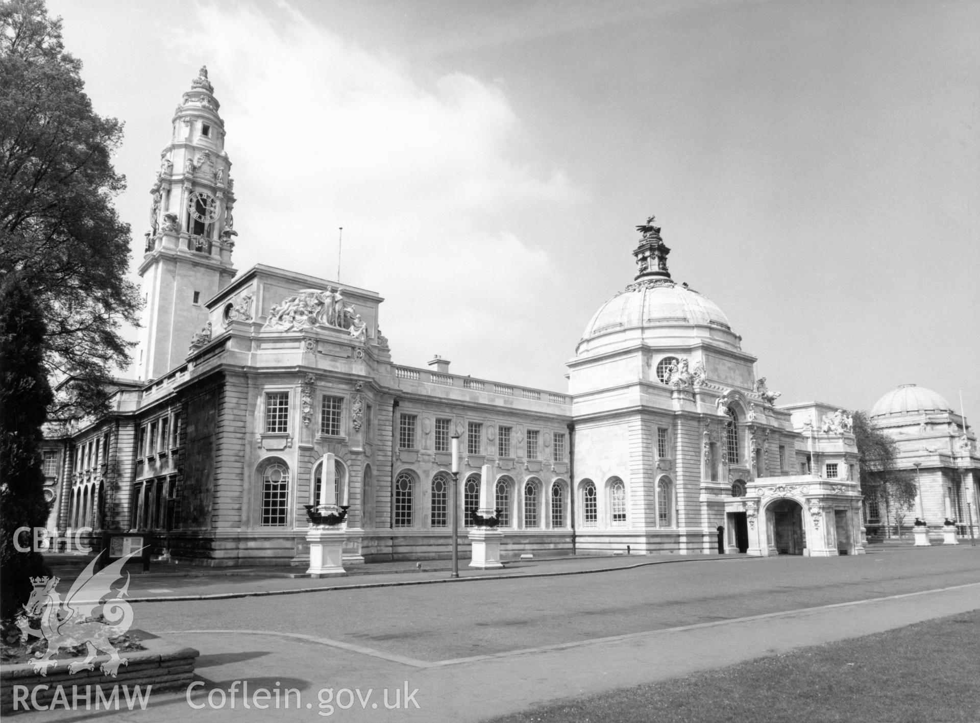 1 b/w print showing view of Cardiff City Hall; collated by the former Central Office of Information.