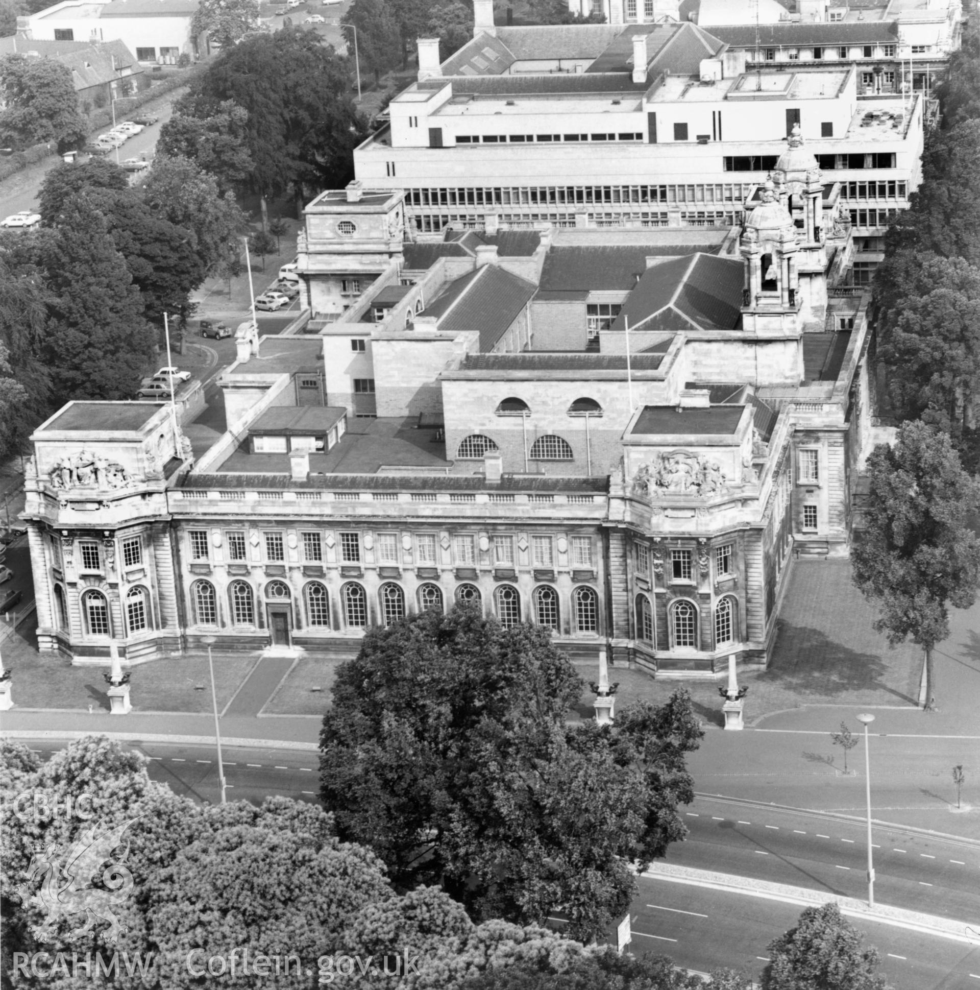 1 b/w print showing view of the Civic Centre, Cardiff; collated by the former Central Office of Information.
