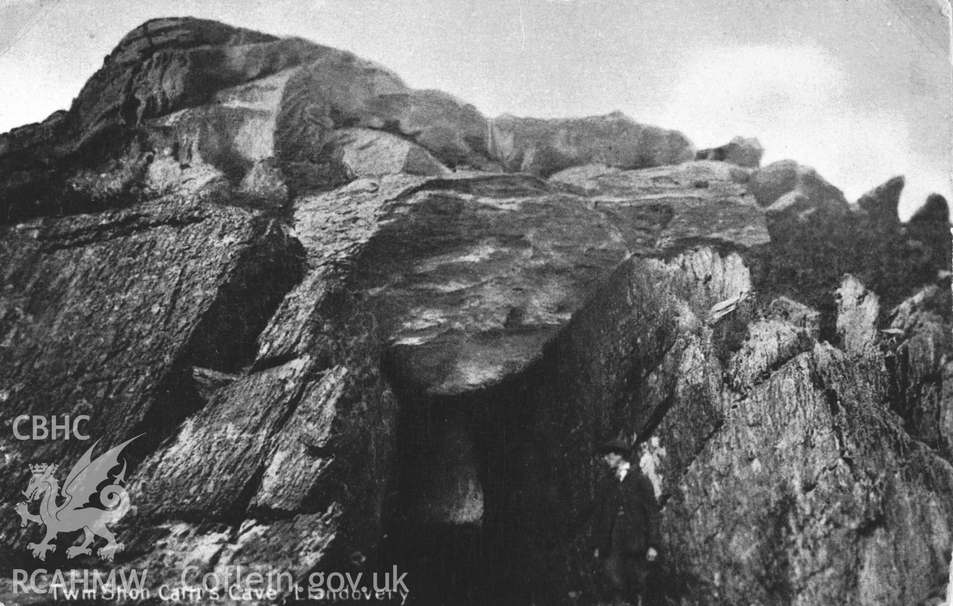 Copy of b/w postcard of Twm Shon Catti's Cave, known as Ystafell Twm Sion Catti, Llandovery, copied from original loaned by Thomas Lloyd. Copy negative held.
