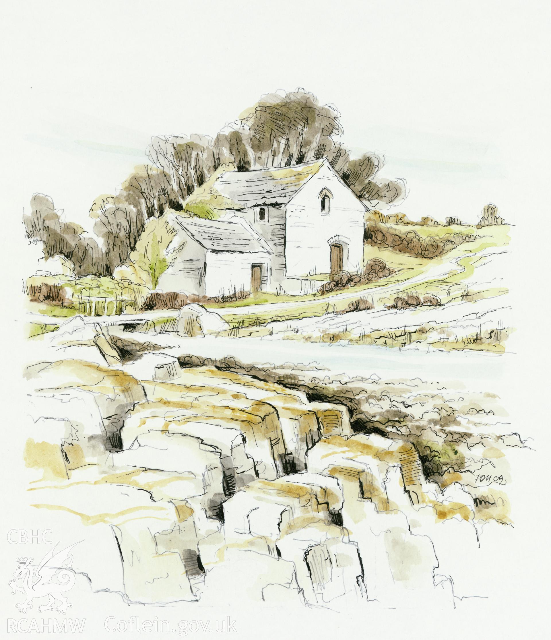 Digital copy of a watercolour by Falcon Hildred, showing Felin Gafnan, Anglesey.