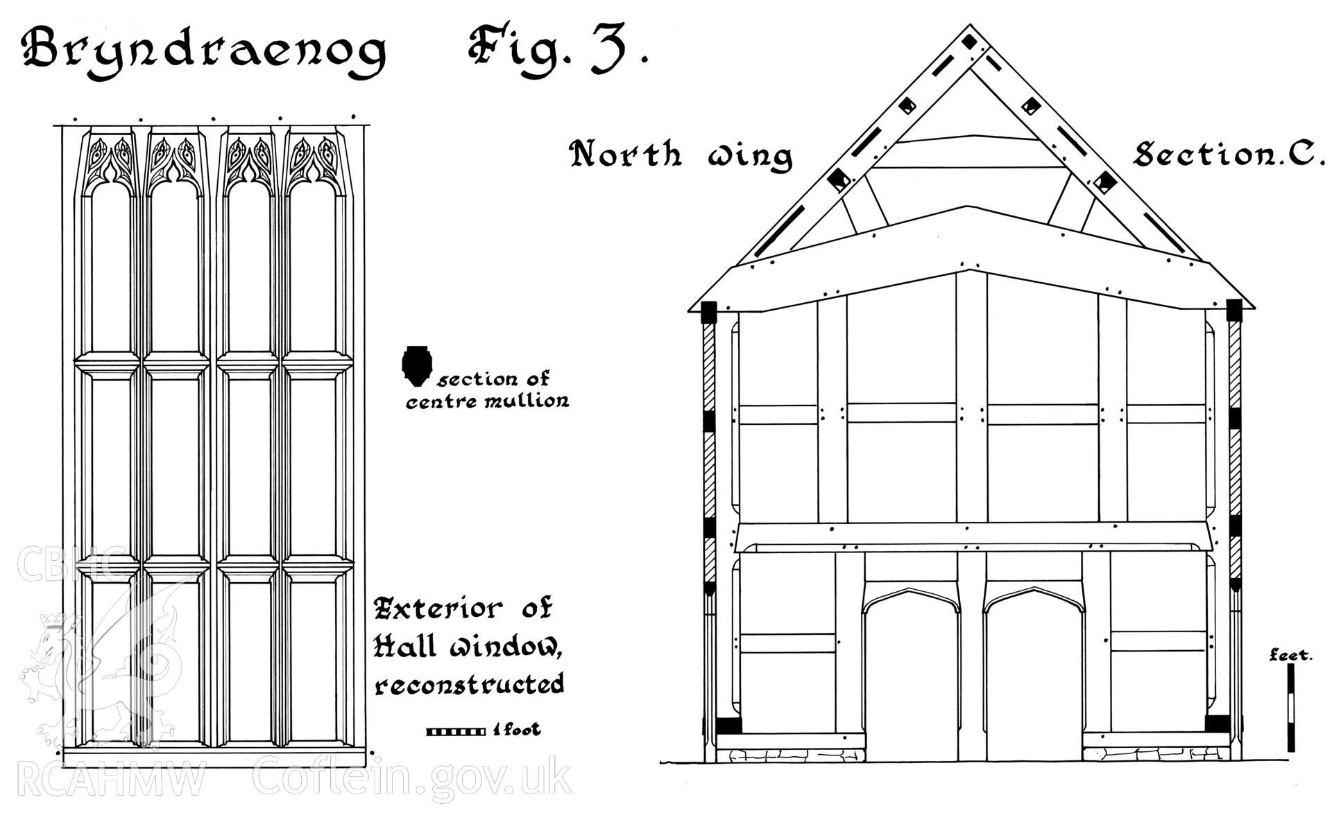 RCAHMW drawing showing section and detail at Bryndraenog, Bugeildy.