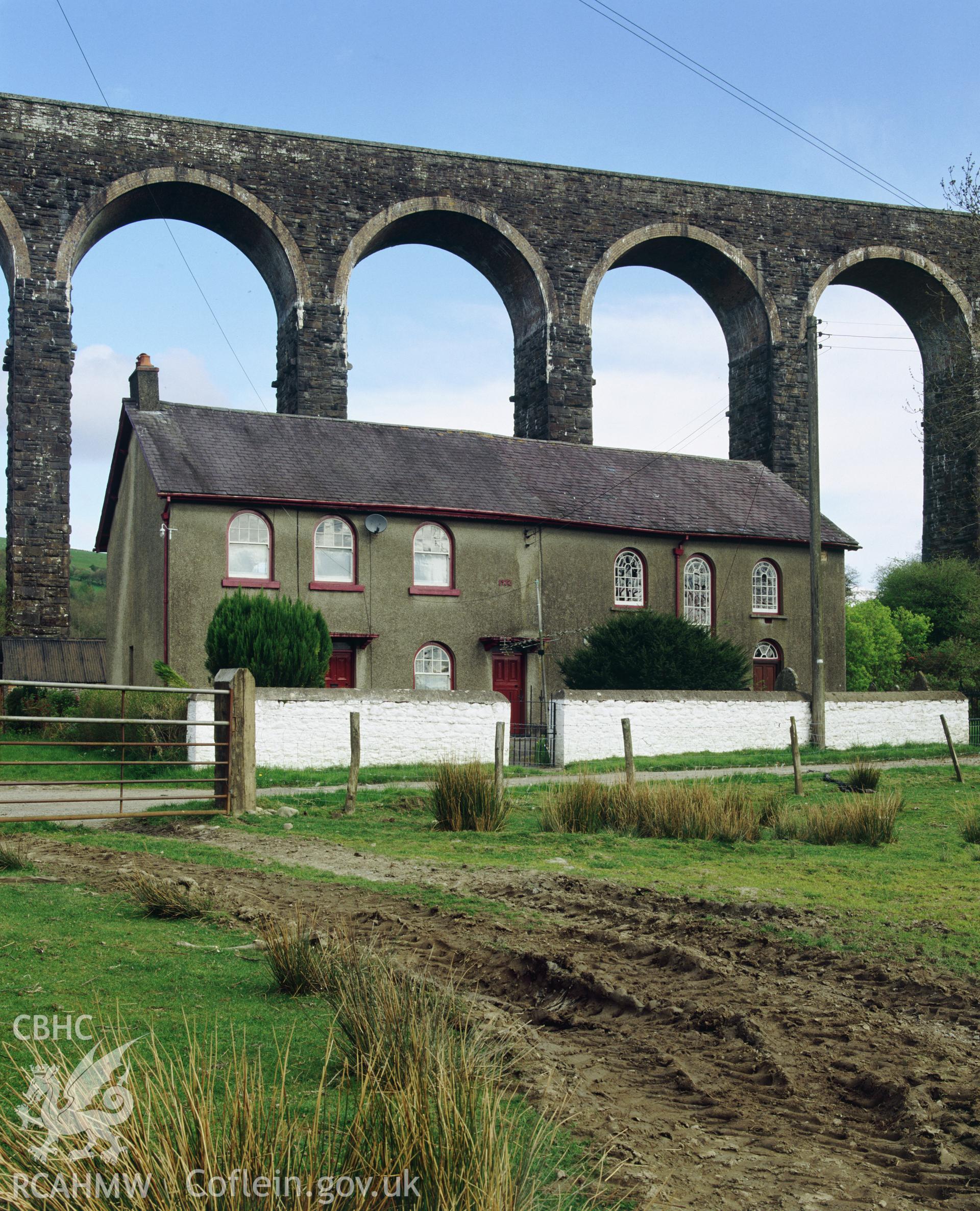 RCAHMW colour transparency showing view of Gosen Chapel, with Cynghordy Viaduct in the background.