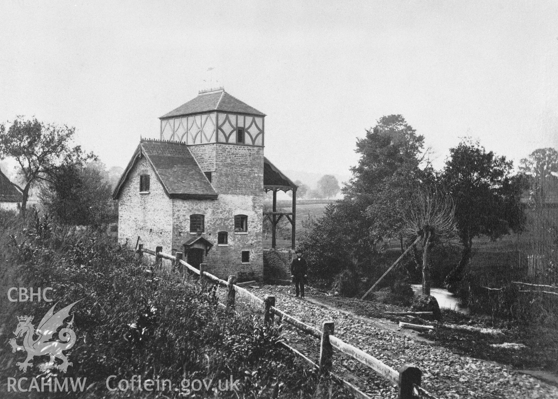Copy of a circa 1865 black and white photograph showing Llantilio Mill, donated by G. Barnes.