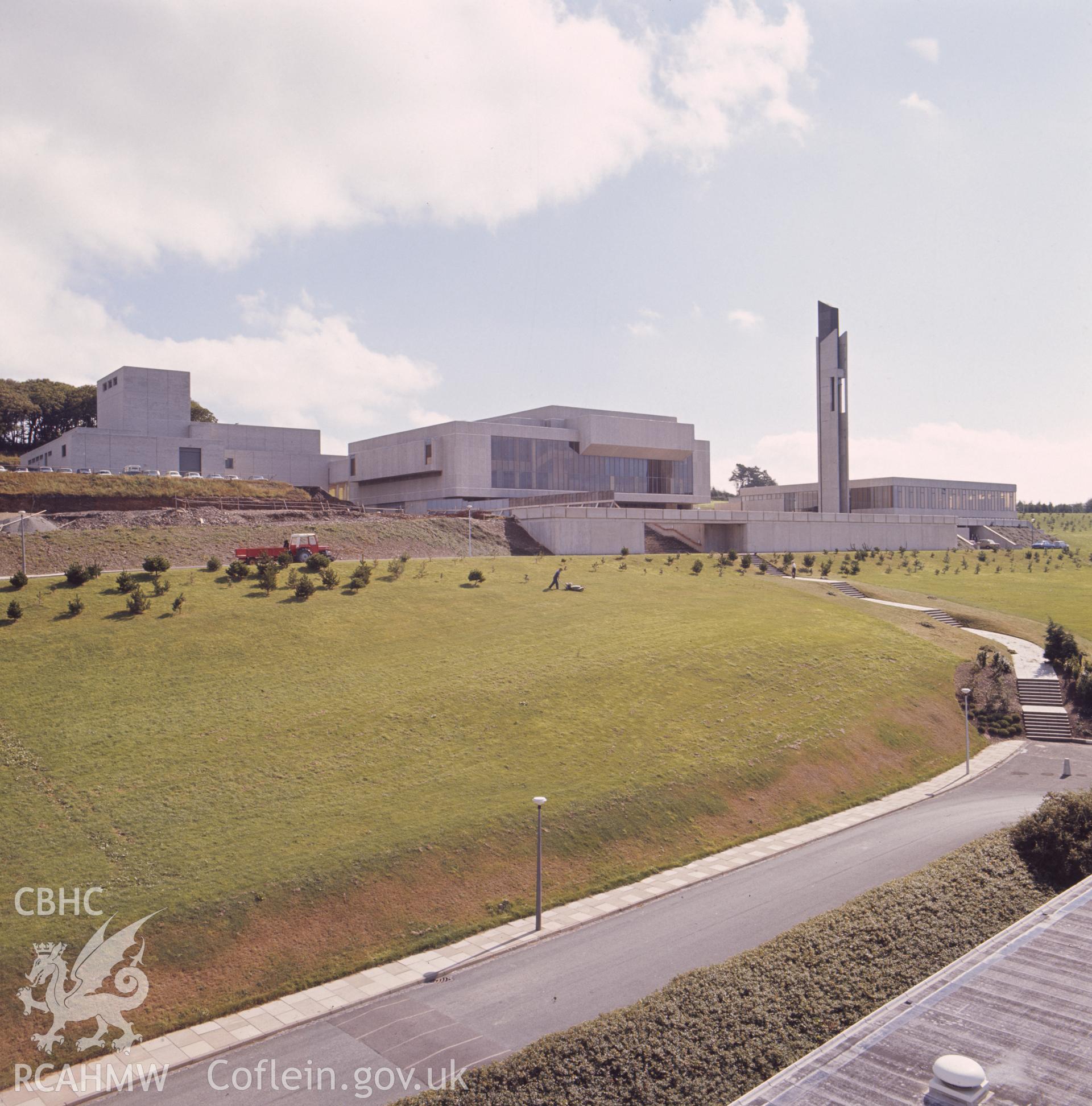 1 colour transparency showing view of Aberystwyth Arts Centre with bell tower; collated by the former Central Office of Information.
