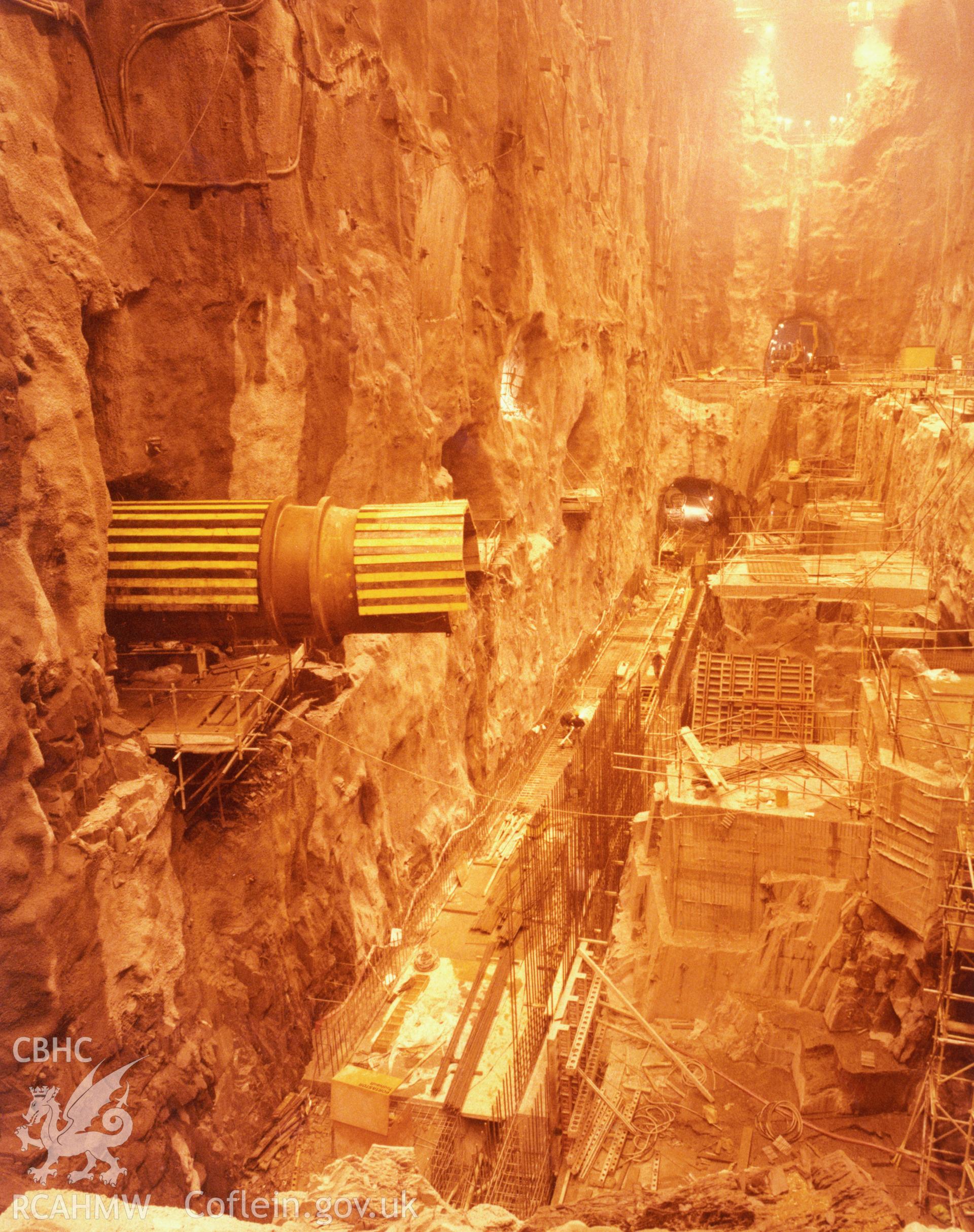 1 colour print showing the main hall under construction at Dinorwig Power Station; collated by the former Central Office of Information.