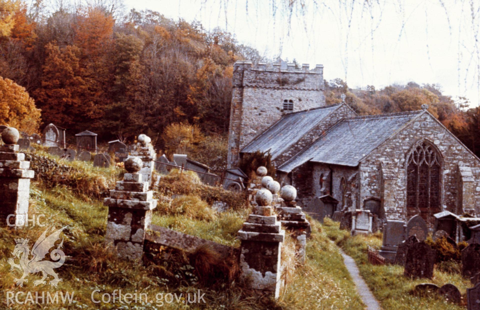 Colour photographic transparency showing view of St Brynach's Church and churchyard, Nevern, undated; collated by the former Central Office of Information.