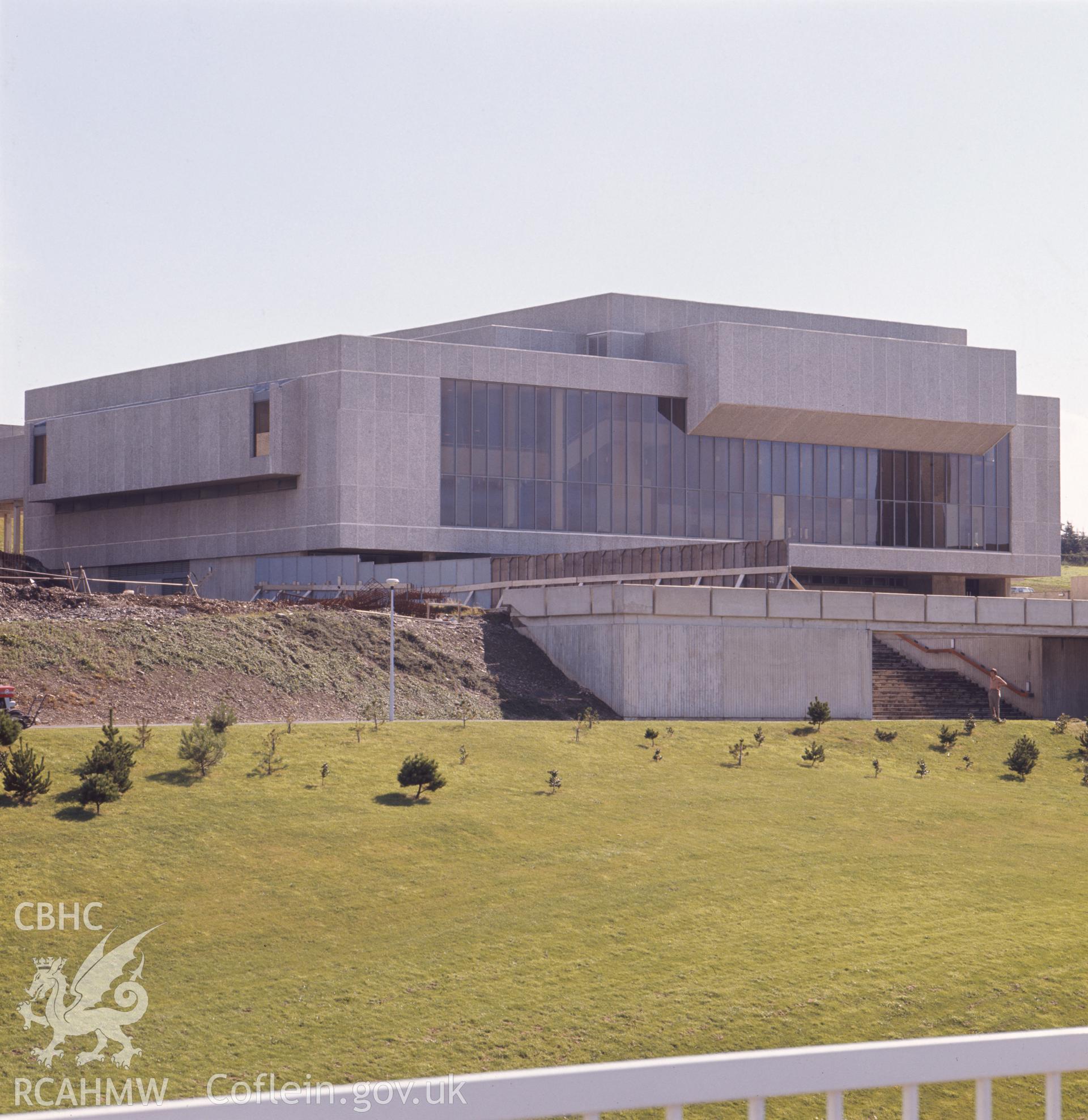 1 colour transparency showing view of Aberystwyth Arts Centre; collated by the former Central Office of Information.