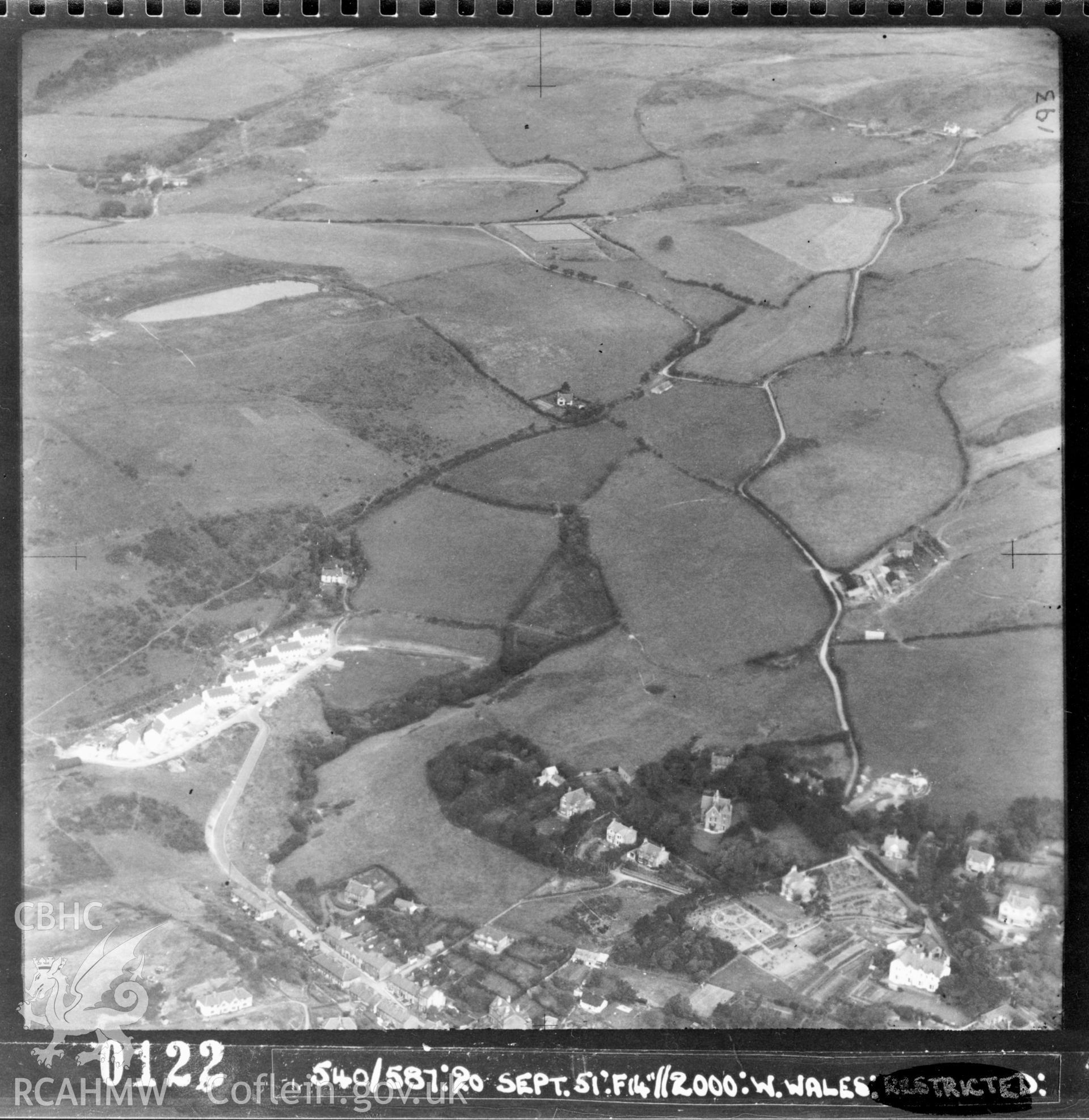 Black and white vertical aerial photograph on the Aberdyfi area taken by the RAF on 20/09/1951.