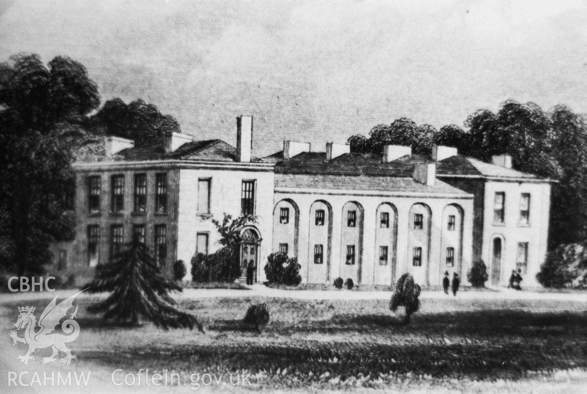 Copy of black and white image of Trevethin School (Baptist College), Pontypool, copied from early undated illustration showing exterior, loaned by Thomas Lloyd.
