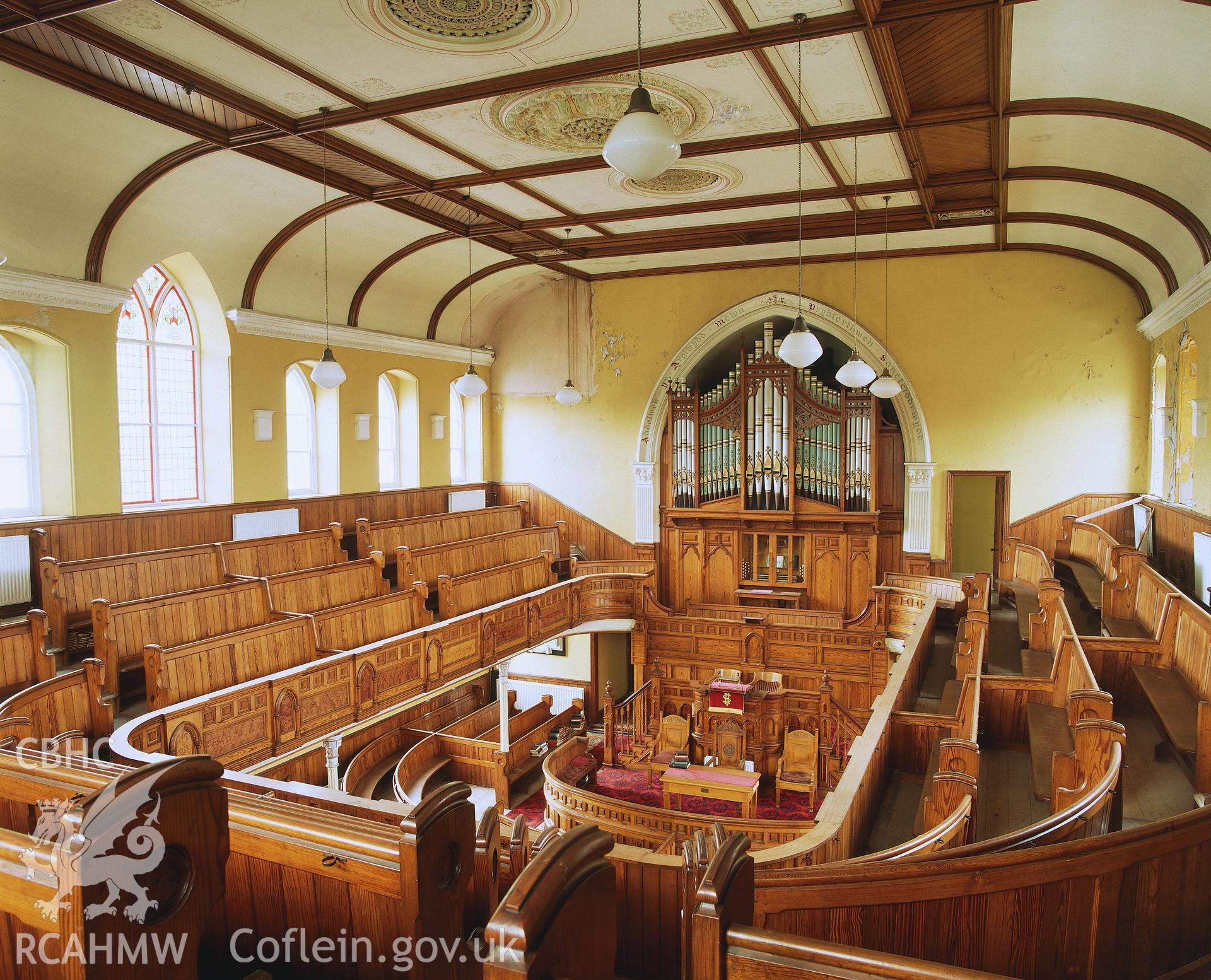 RCAHMW colour transparency showing interior view of Bryn Seion Chapel, Glanamman.