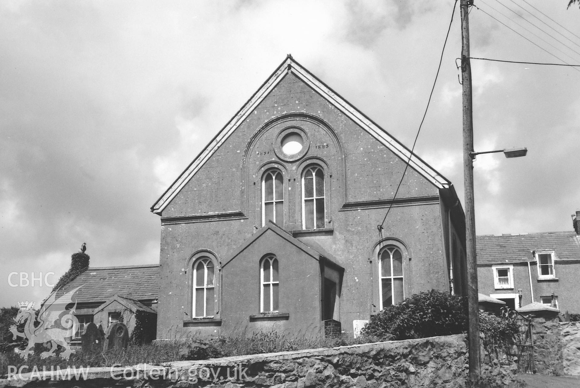 Digital copy of a black and white photograph showing an exterior view of Tabernacle Independent Chapel, Rosemarket, taken by Robert Scourfield, 1995.
