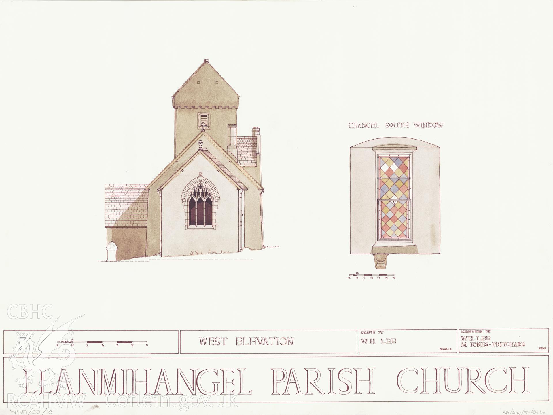 Measured drawing showing detail of the chancel south window and west elevation of Llanmihangel Parish Church, produced by M. Jones-Pritchard and W.H. Lee, 1976.