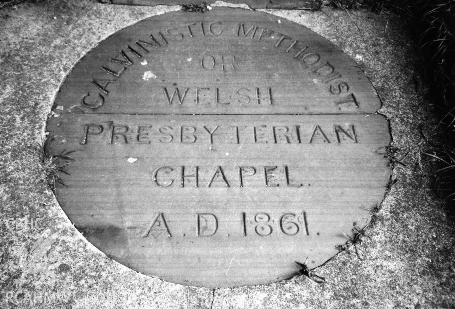 Digital copy of a black and white photograph showing a view of datestone at Zion Welsh Presbyterian Chapel, Neyland,  taken by Robert Scourfield, 1996.