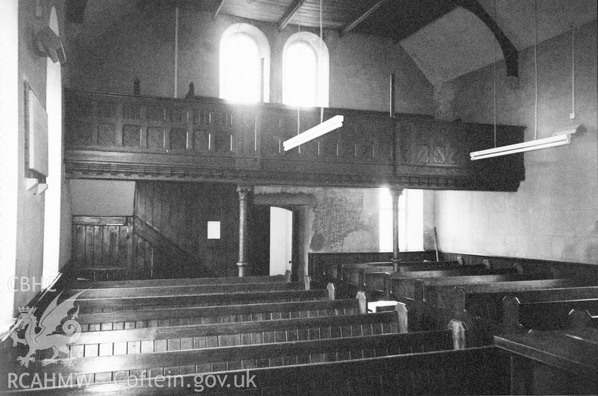 Digital copy of a black and white photograph showing an interior view of Tabernacle Independent Chapel, Rosemarket, taken by Robert Scourfield, 1995.