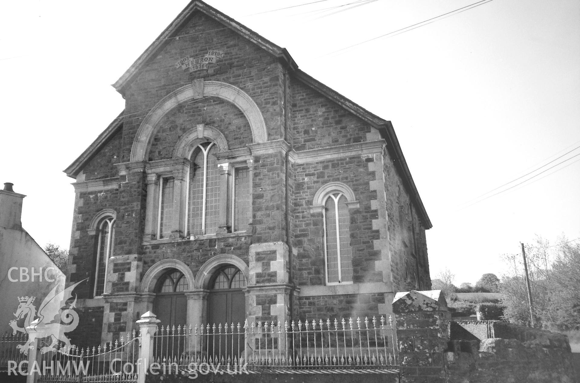 Digital copy of a black and white photograph showing a general view of Hebron Independent Chapel, taken by Robert Scourfield, 1995.