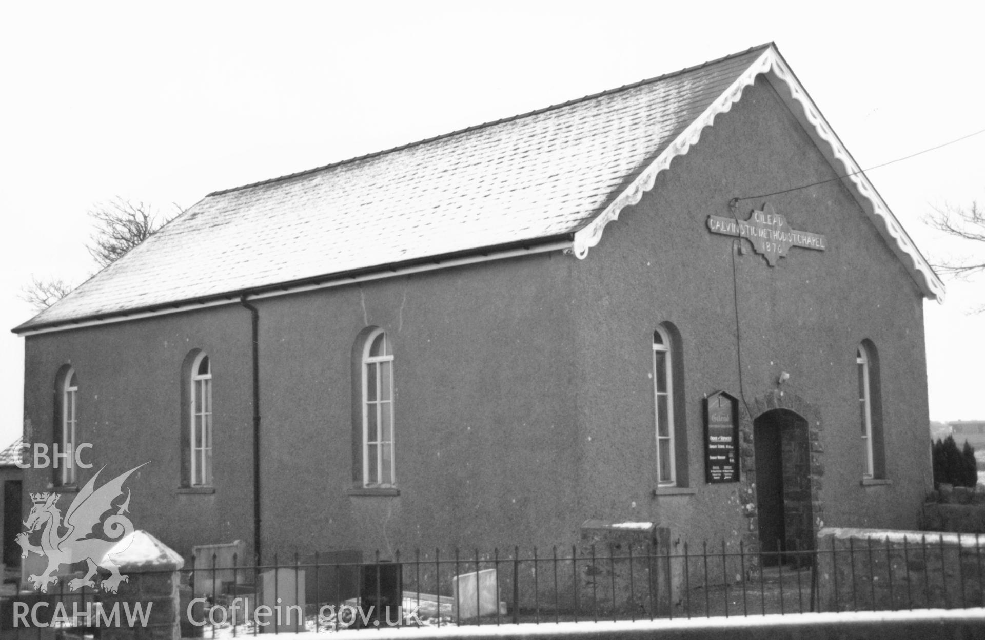 Digital copy of a black and white photograph showing an exterior view of Gilead Calvinistic Methodist Chapel, taken by Robert Scourfield, 1996.