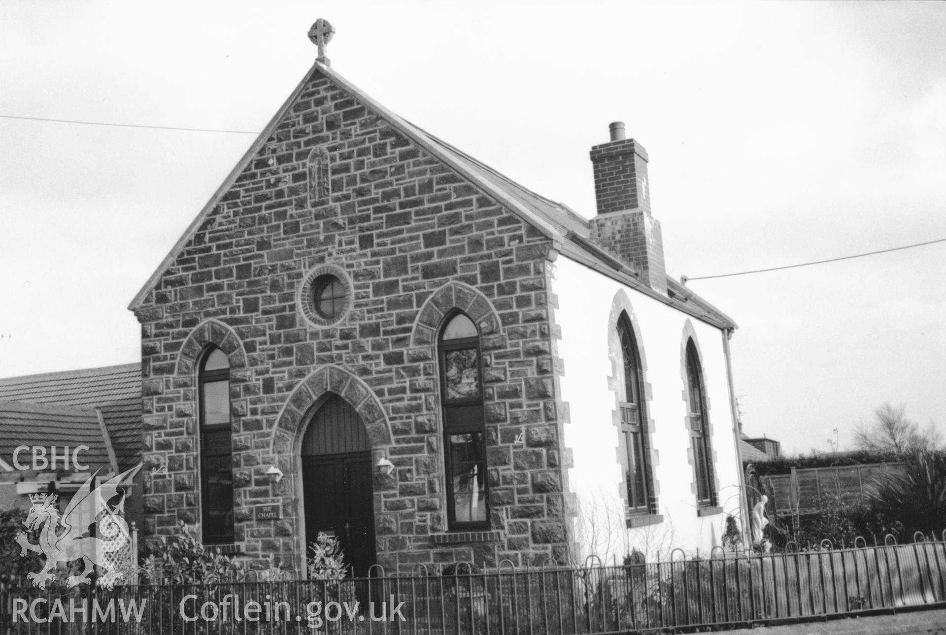 Digital copy of a black and white photograph showing exterior view of Summer Hill Primitive Methodist Chapel, Amroth, taken by Robert Scourfield, 1996.