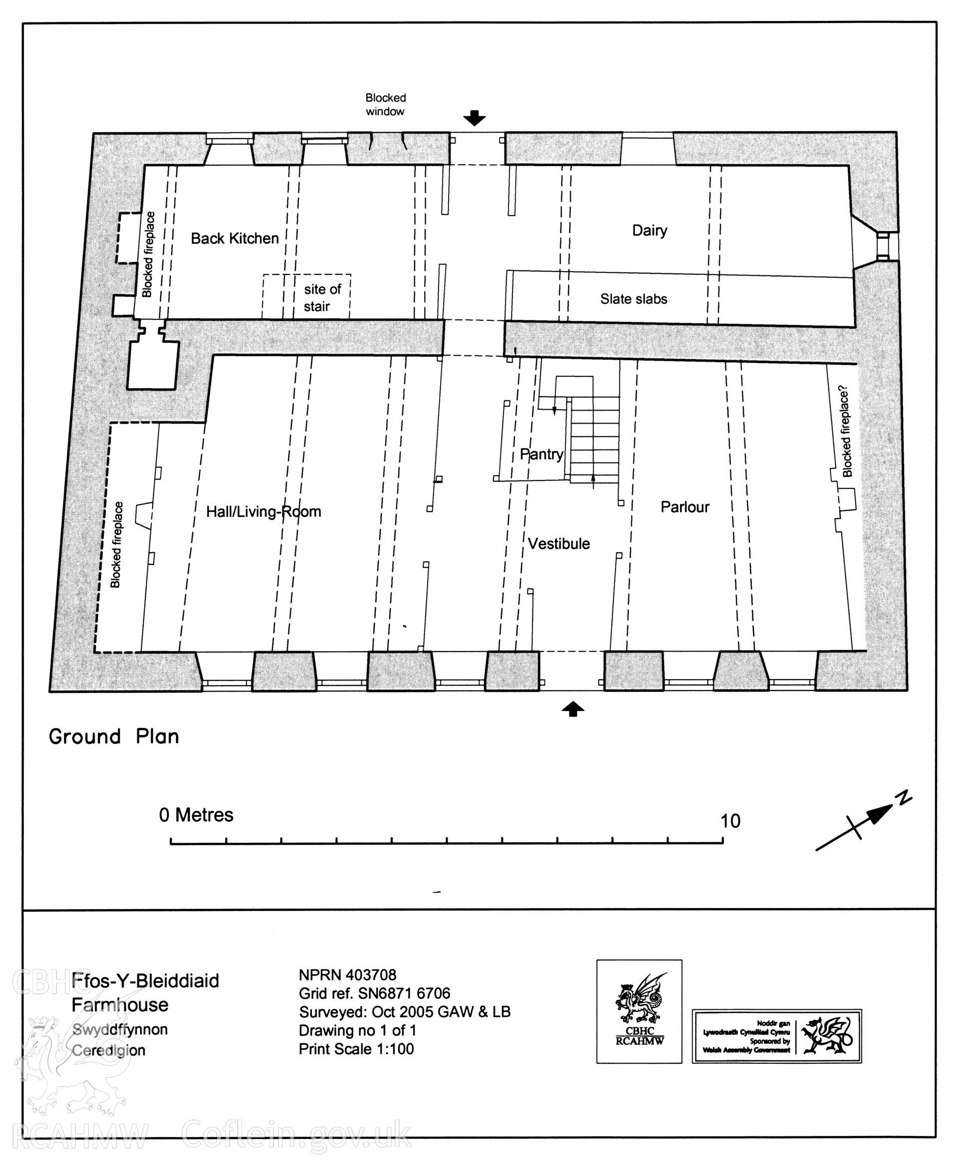 Printout of an autocad depiction of the ground plan of Ffos-y-Bleiddiaid Farmhouse, produced from autocad file FBS02, from a RCAHMW digital survey of Ffos-y-Bleiddiad Farm, Swyddffynnon, produced as part of the Tir Gofal Project, by Geoff Ward and Louise Barker, 26/10/2005.