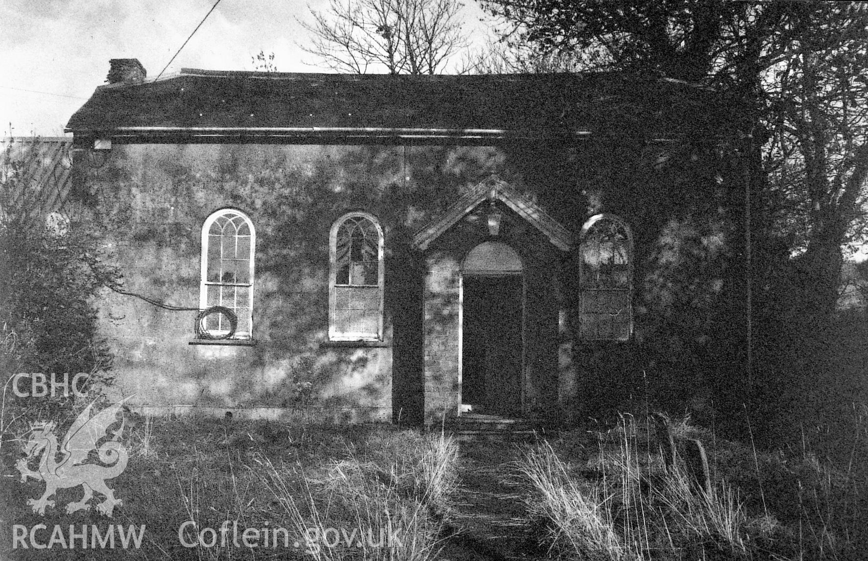 Digital copy of a black and white photograph showing an exterior view of Dreen Hill  Calvinistic Methodist Chapel, Steynton, taken by Robert Scourfield, 1995.