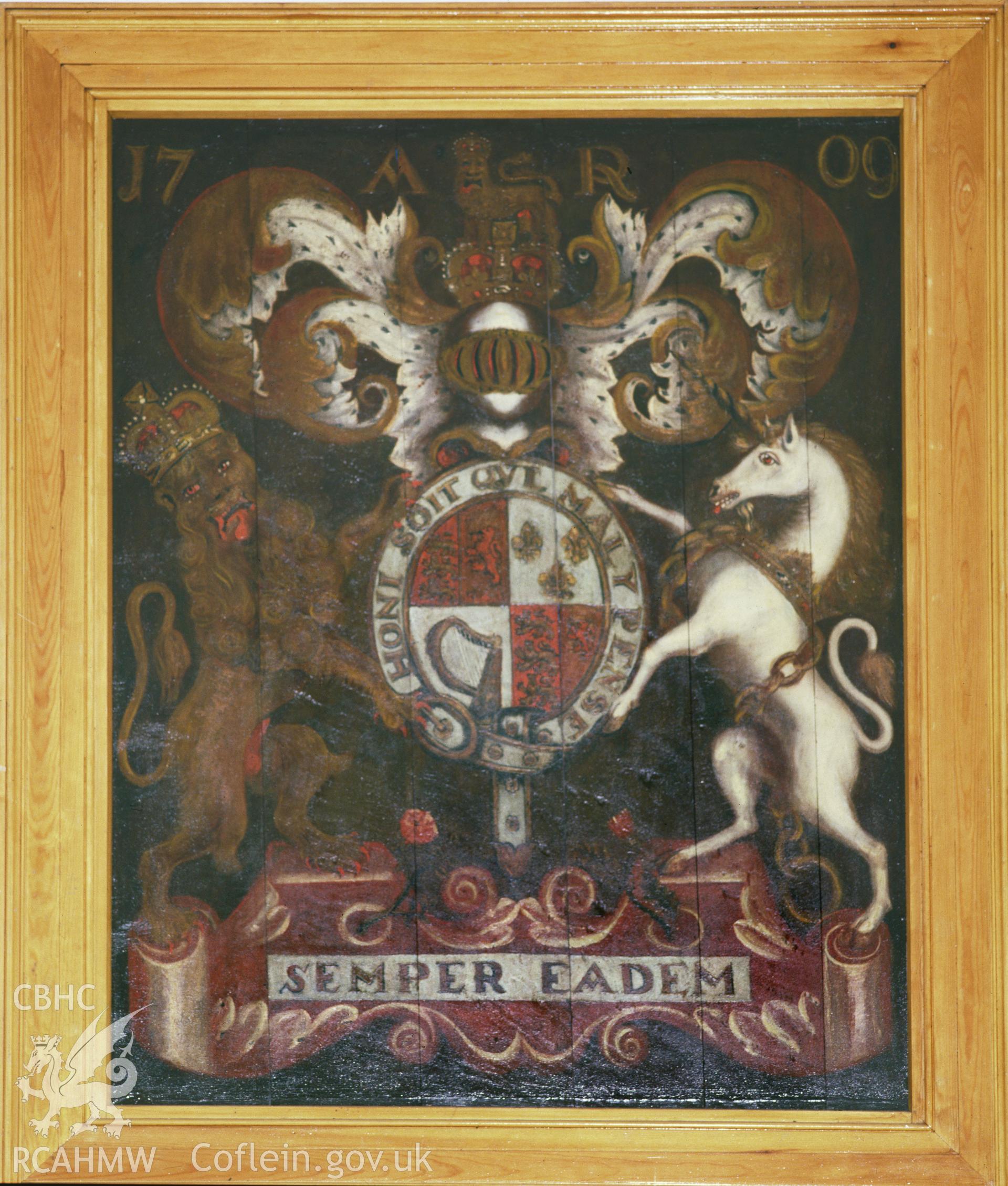 RCAHMW colour transparency showing the armorial panel in Penallt Church.
