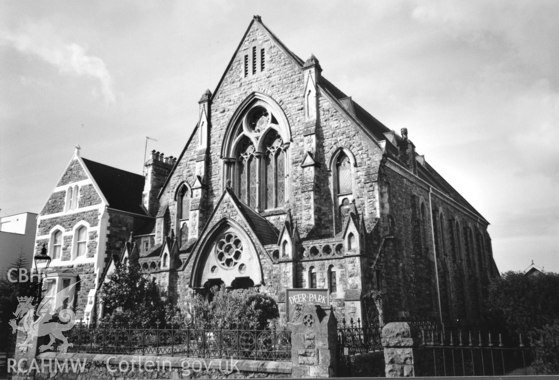 Digital copy of a black and white photograph showing exterior view of Deer Park English Baptist Chapel, Tenby,  taken by Robert Scourfield, 1996.