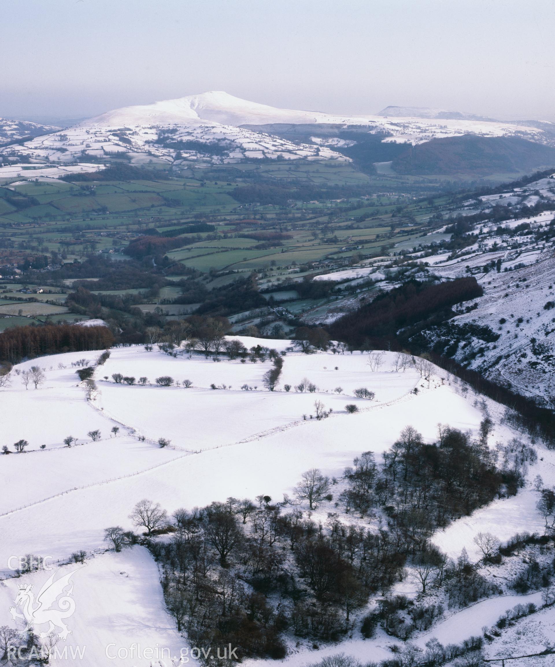 RCAHMW colour transparency of a general view of Coed Pentwyn defended enclosure.