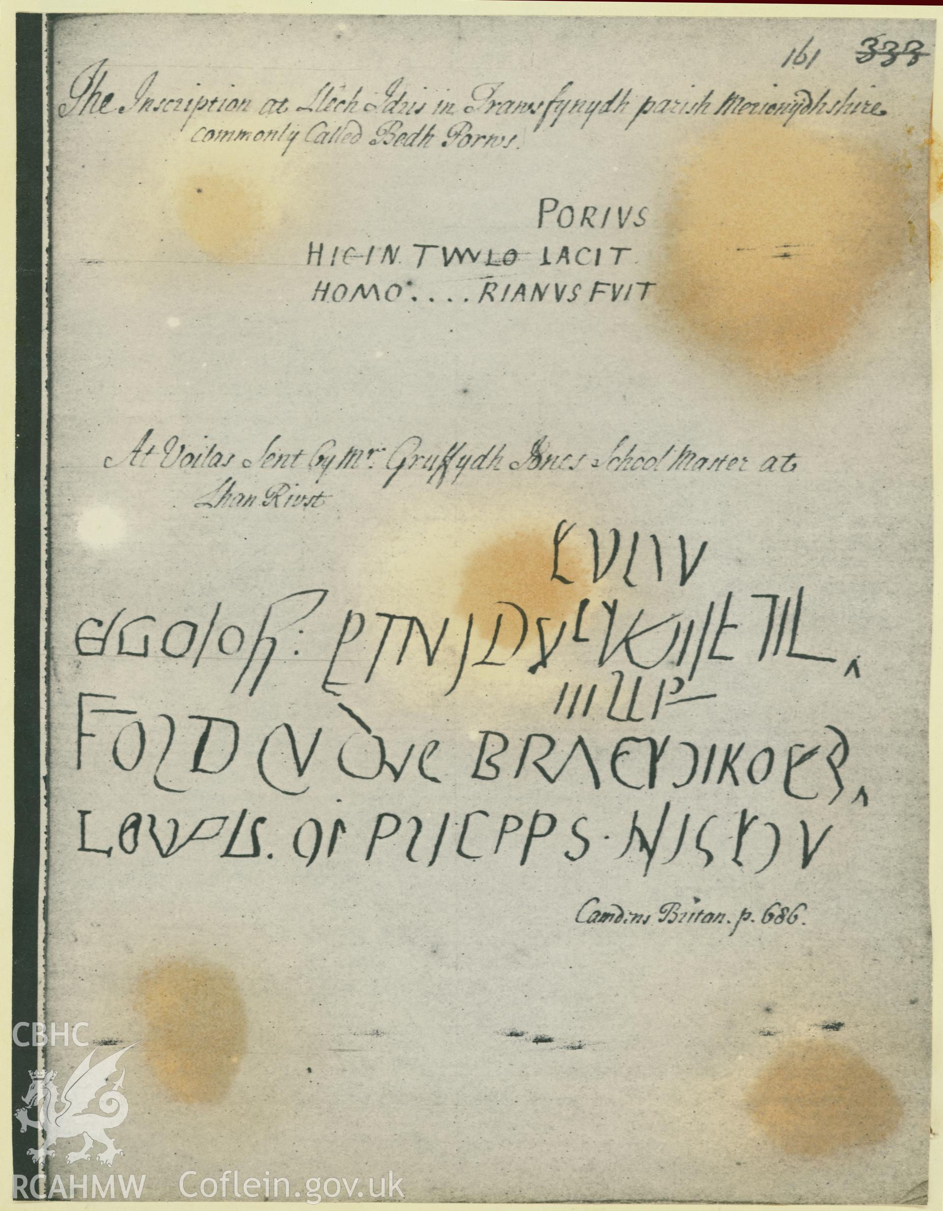 Copy of the inscription on the Porius Stone, Trawsfynydd taken from Stowe Manuscript 1023, folio 161, page 92
