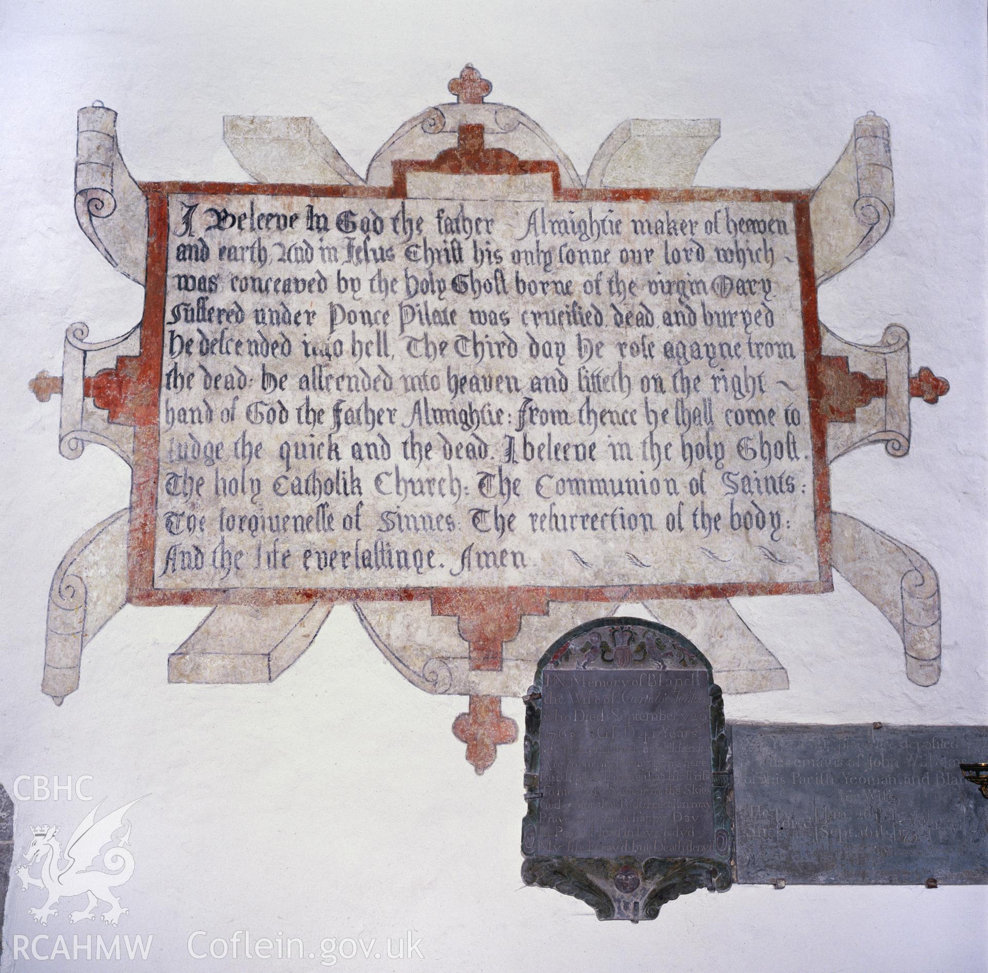 RCAHMW colour transparency showing a wallpainting in St Cybis Church, Llangybi, taken by RCAHMW
