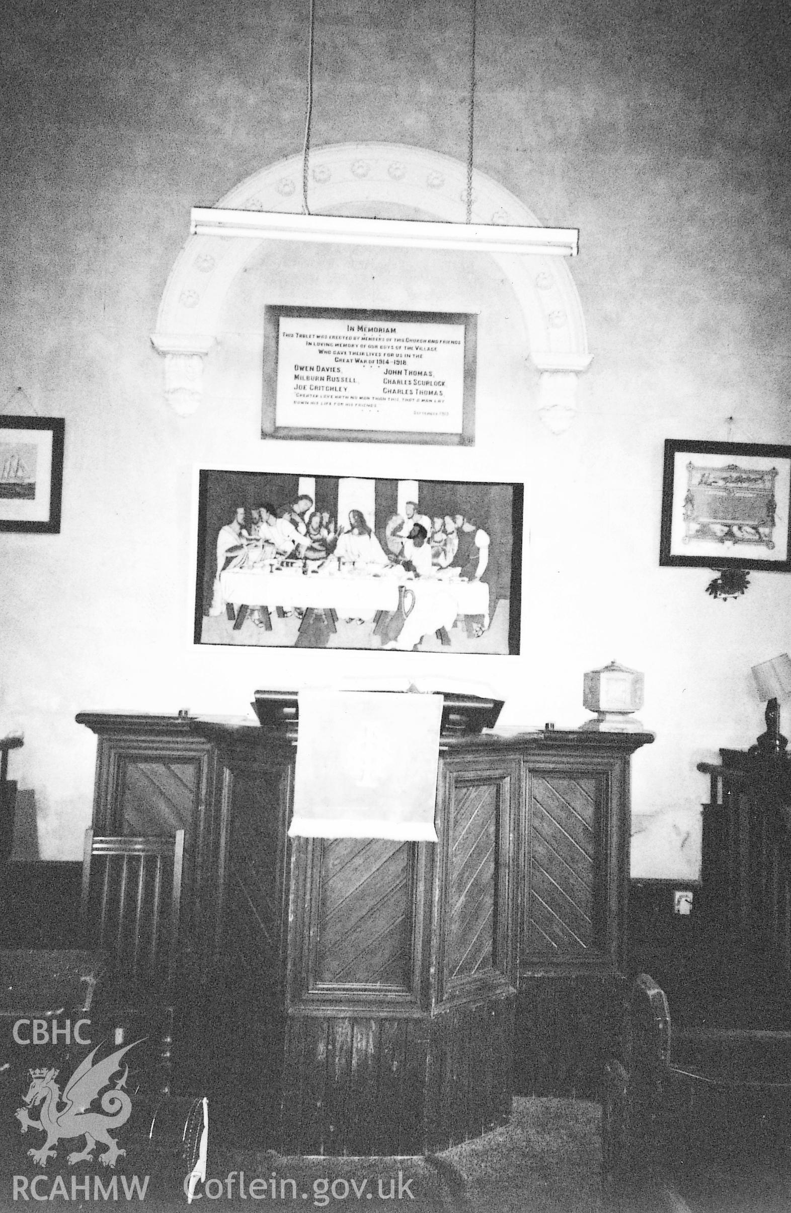 Digital copy of a black and white photograph showing an interior view of Tabernacle Independent Chapel, Rosemarket, taken by Robert Scourfield, 1995.