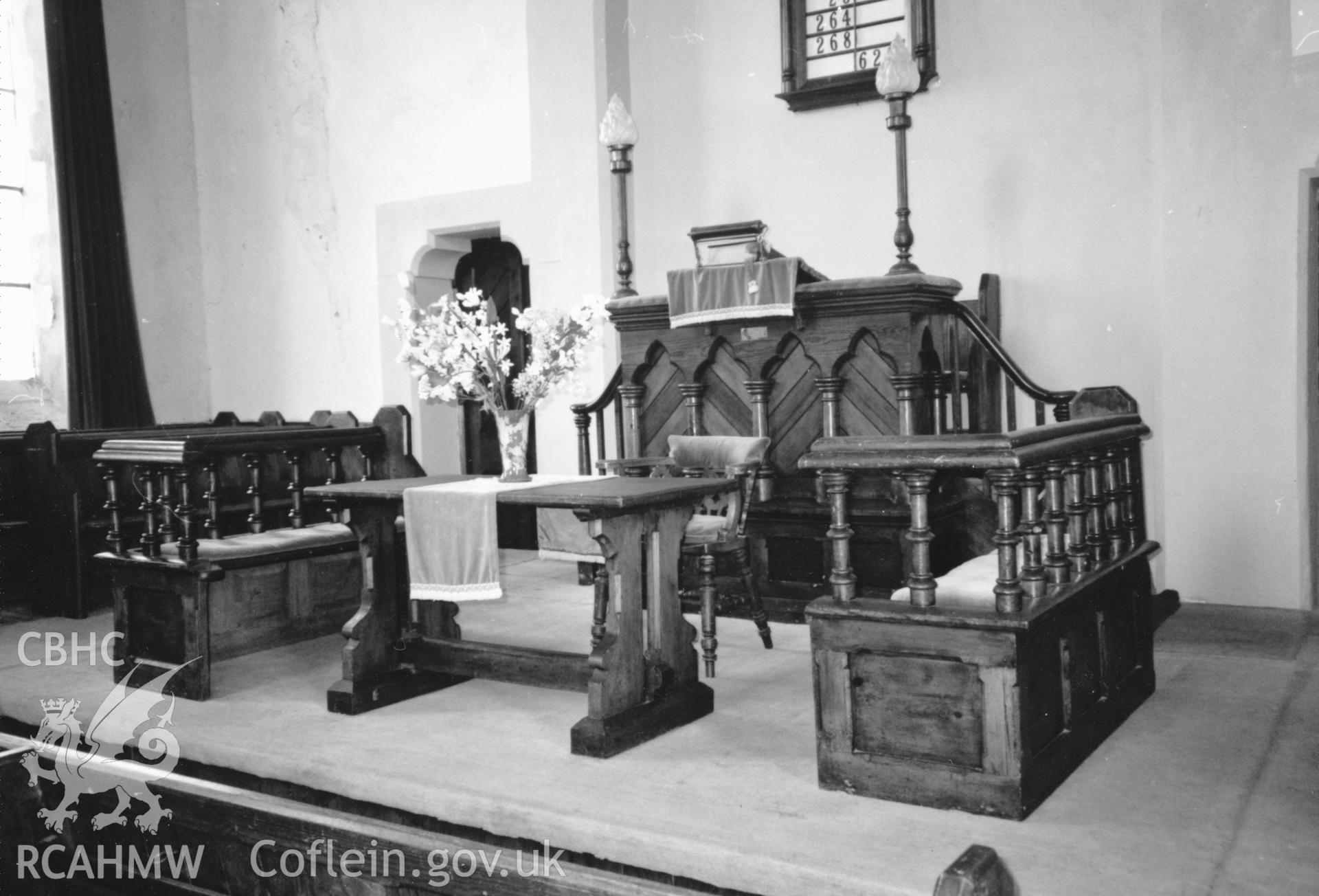 Digital copy of a black and white photograph showing an interior view of Jubilee Congregational Chapel, Neyland,  taken by Robert Scourfield, 1996.