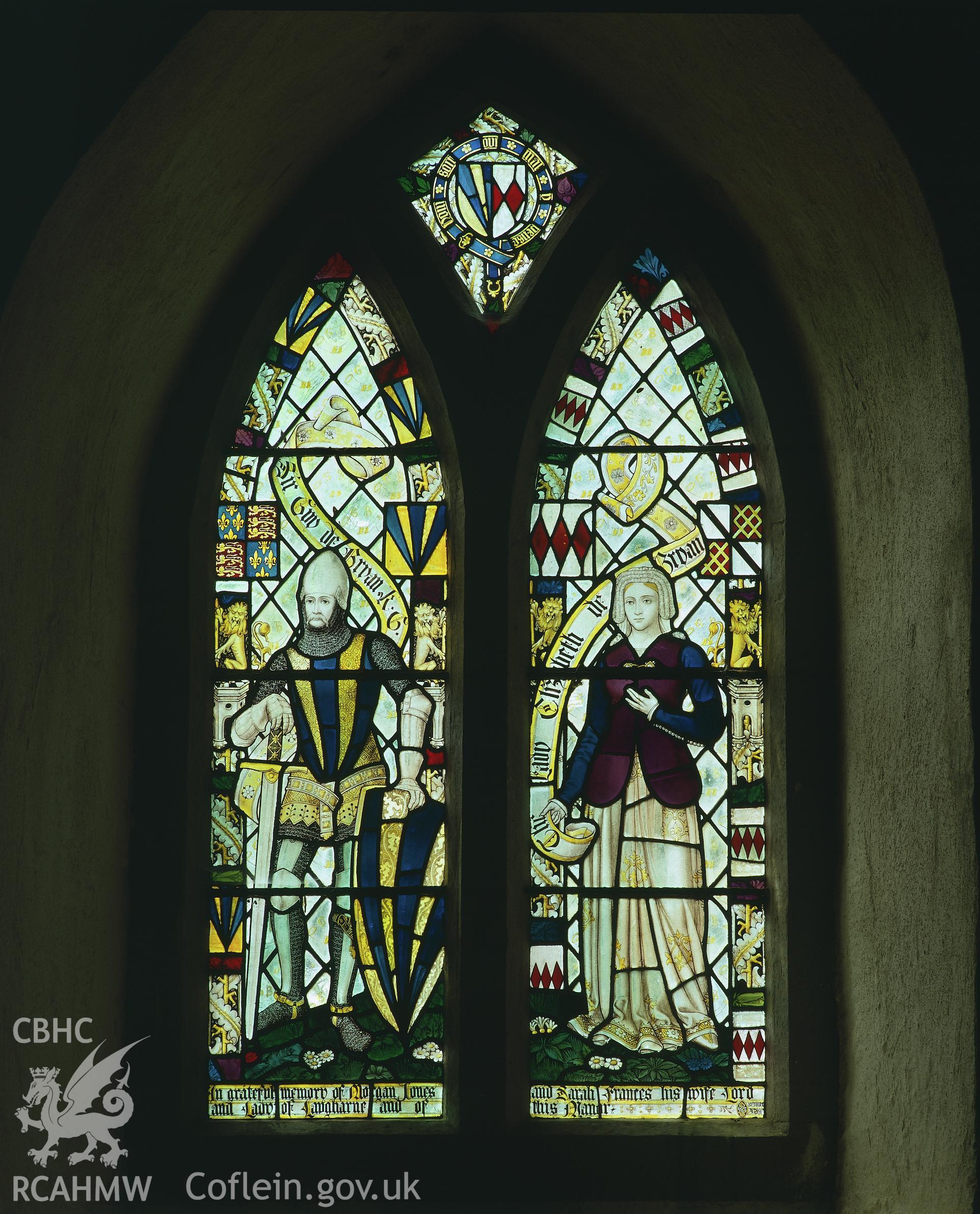 RCAHMW colour transparency showing stained glass at the west end of St Margaret's Church, Eglwyscumin.
