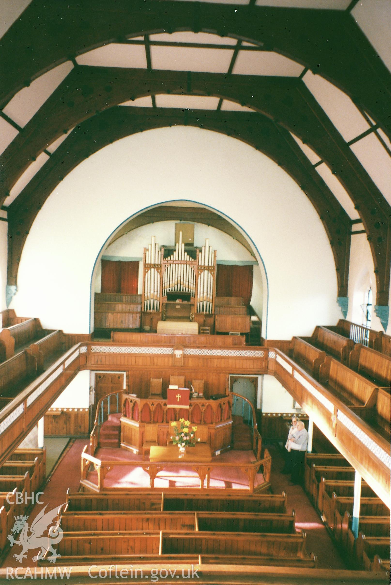 Digital copy of a colour photograph showing an interior view of North Road Baptist Chapel, Milford Haven,  taken by Robert Scourfield, 1995.