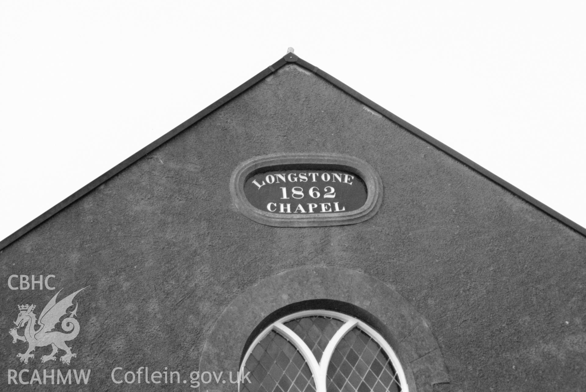 Digital copy of a black and white photograph showing  datestone at Longstone Congregational Chapel, taken by Robert Scourfield, 1996.