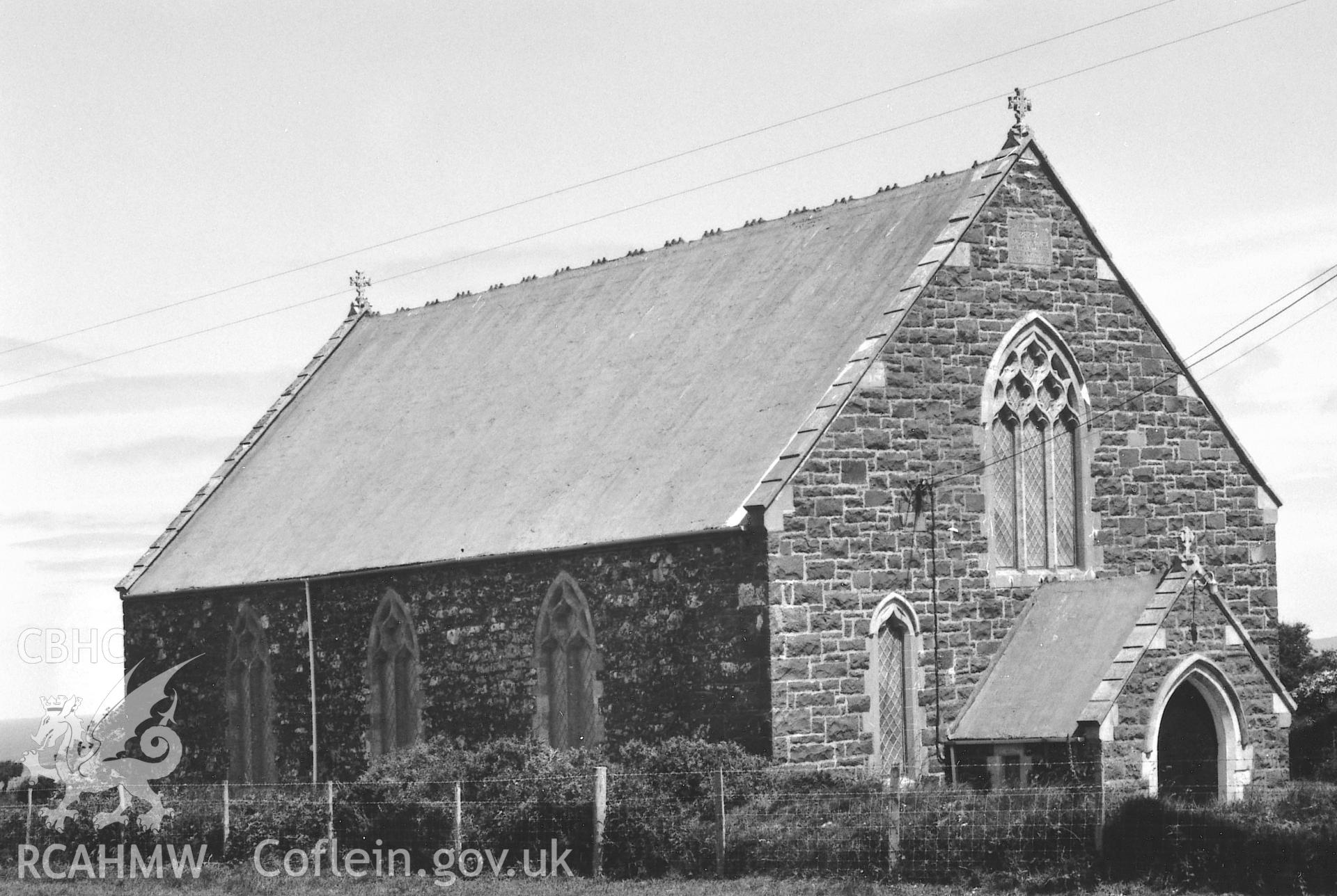 Digital copy of a black and white photograph showing an exterior view of Berea Congregational Chapel, St David's,  taken by Robert Scourfield, 1995.