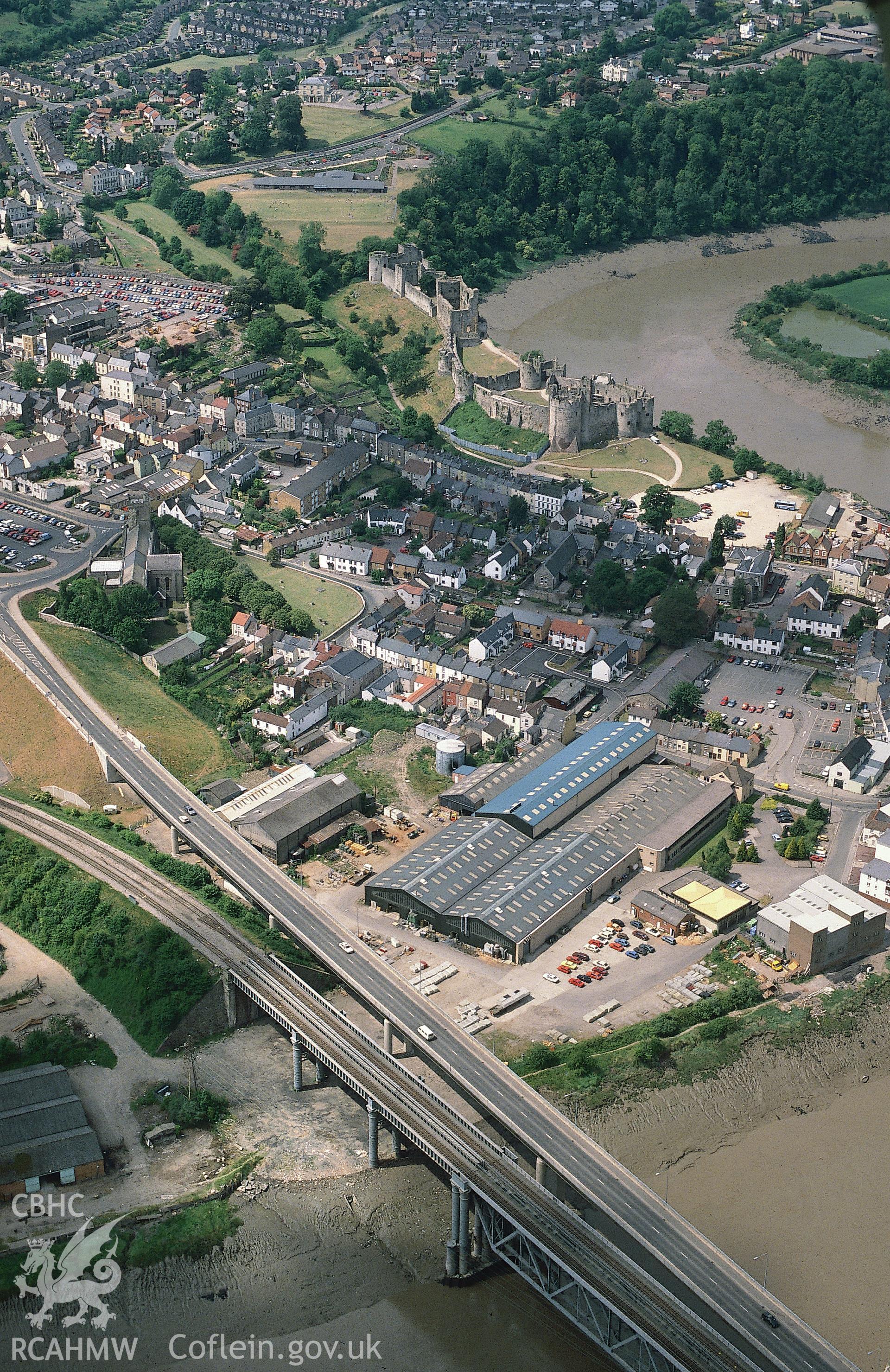 Slide of RCAHMW colour oblique aerial photograph of Chepstow Castle, taken by C.R. Musson, 1990