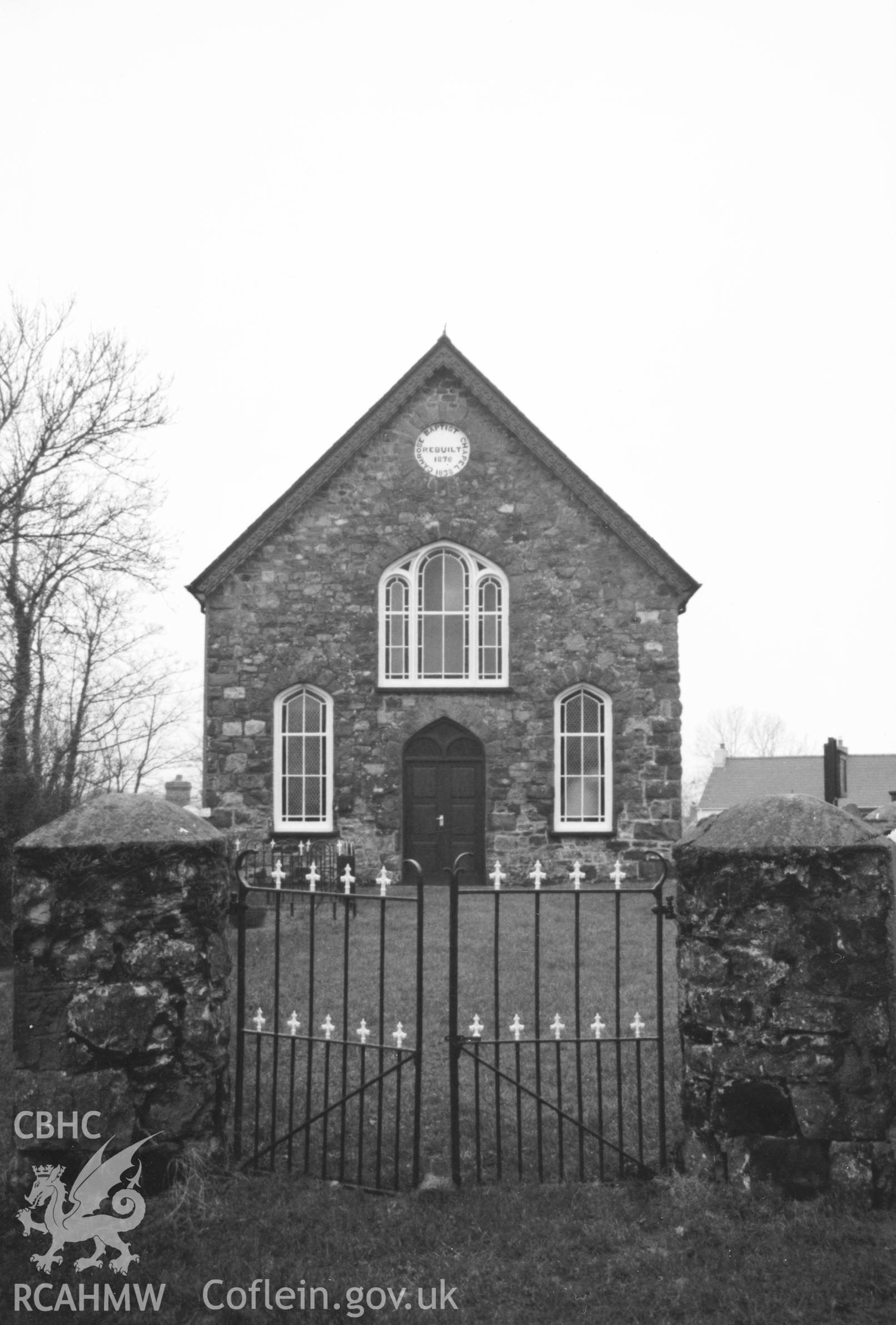 Digital copy of a black and white photograph showing an exterior view of Lebanon Baptist Chapel, Camrose, taken by Robert Scourfield, 1996.