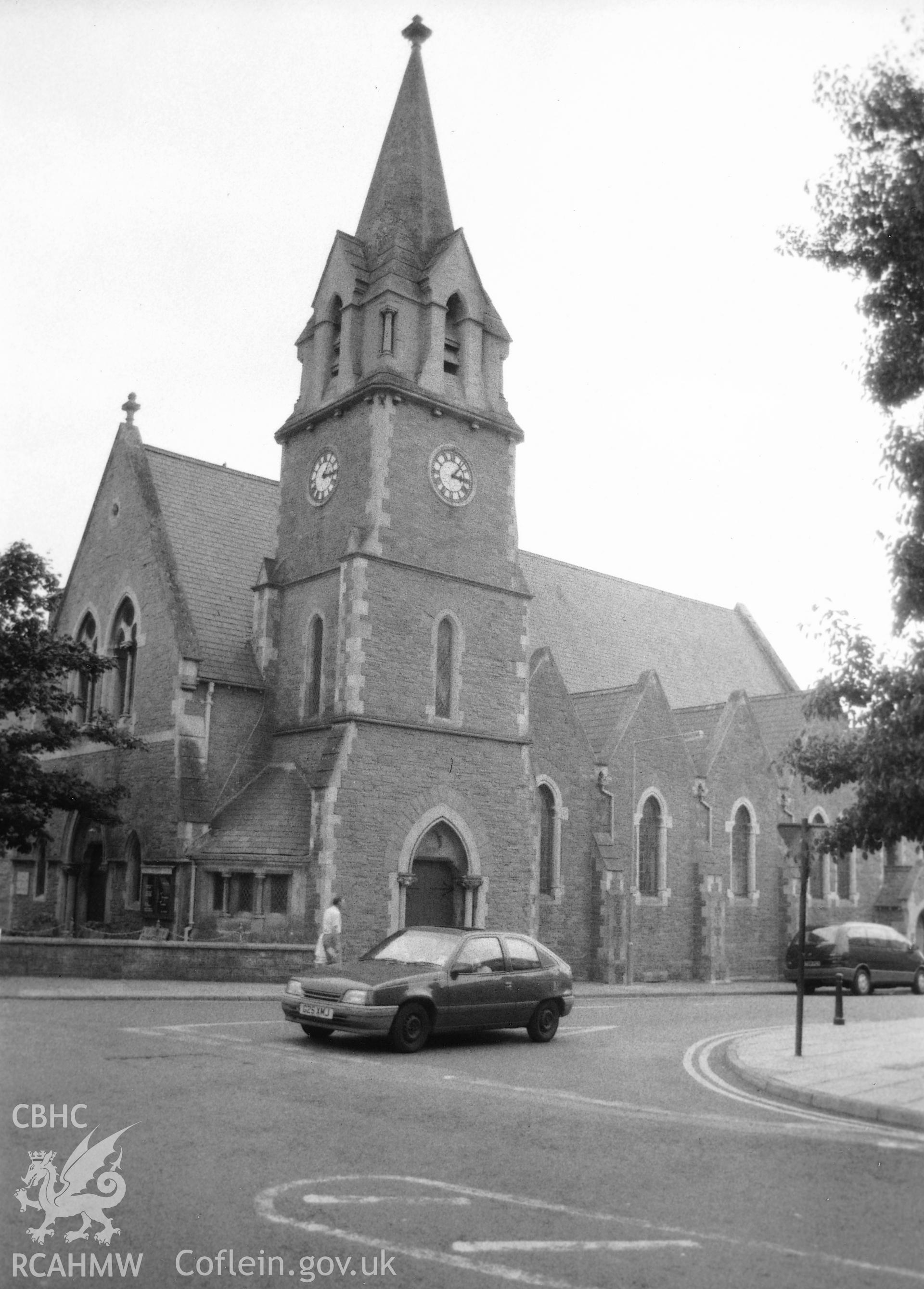 Digital copy of a black and white photograph showing an exterior view of St John's Congregational Chapel, Tenby, taken by Robert Scourfield, 1995.