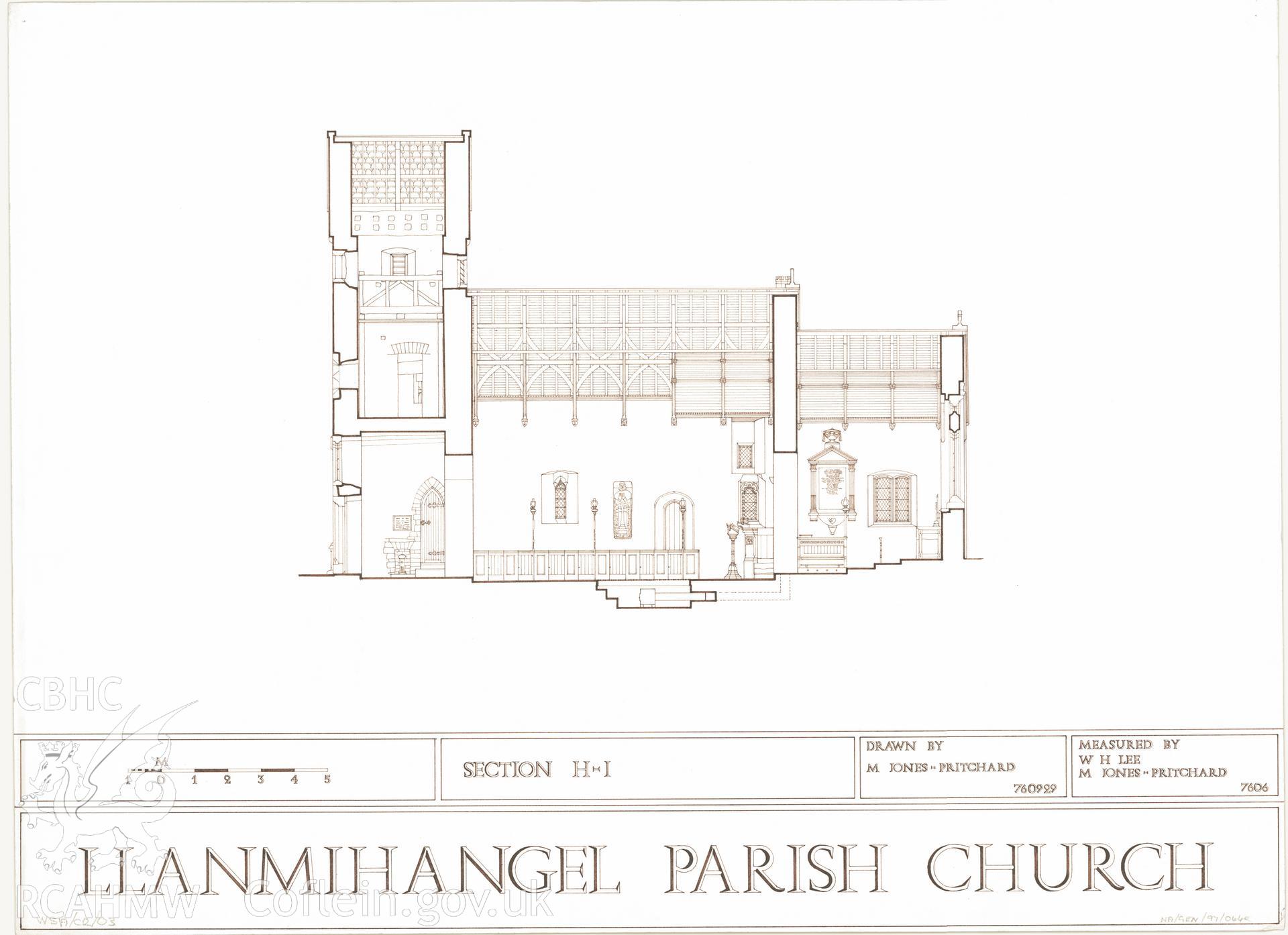 Measured drawing showing section view of Llanmihangel Parish Church, produced by M. Jones-Pritchard and W.H. Lee, 1976.
