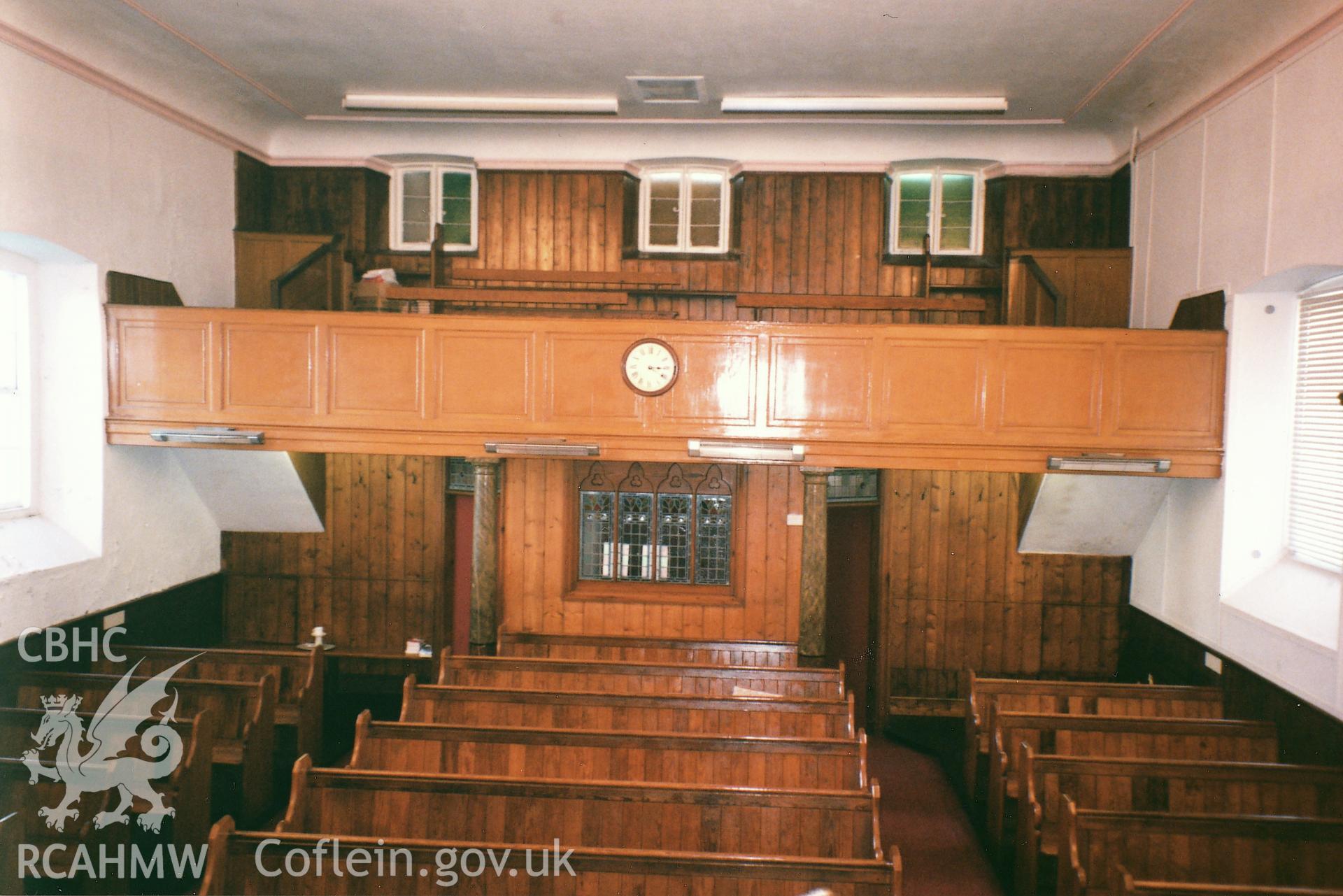 Digital copy of a colour photograph showing an interior view of Hakin Point Wesleyan Chapel, Milford Haven,  taken by Robert Scourfield, 1995.