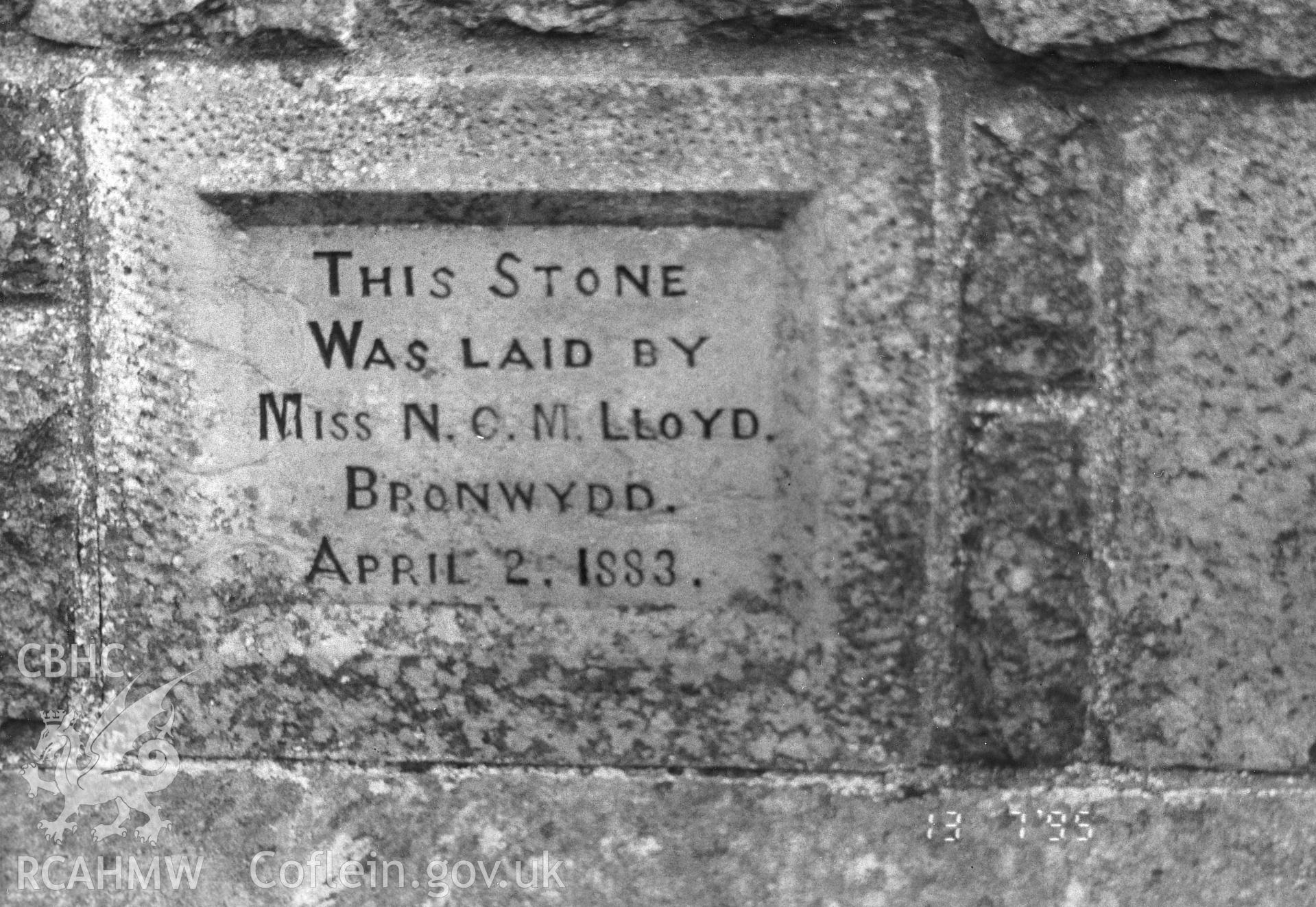 Digital copy of a black and white photograph showing detail of the datestone at Bryngwenith Independent Chapel, Llandyfriog, taken by Robert Scourfield, 1995.
