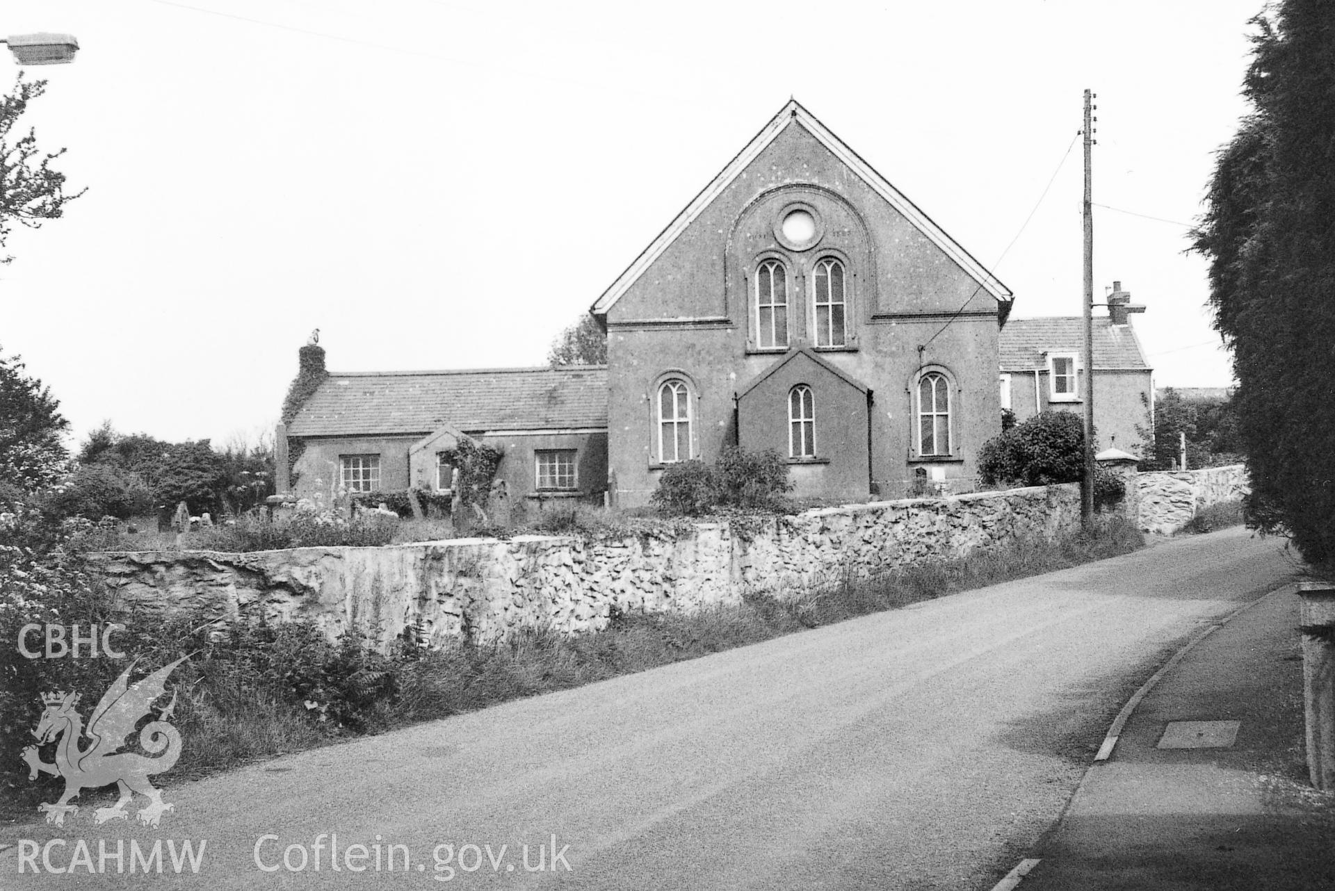 Digital copy of a black and white photograph showing an exterior view of Tabernacle Independent Chapel, Rosemarket, taken by Robert Scourfield, 1995.