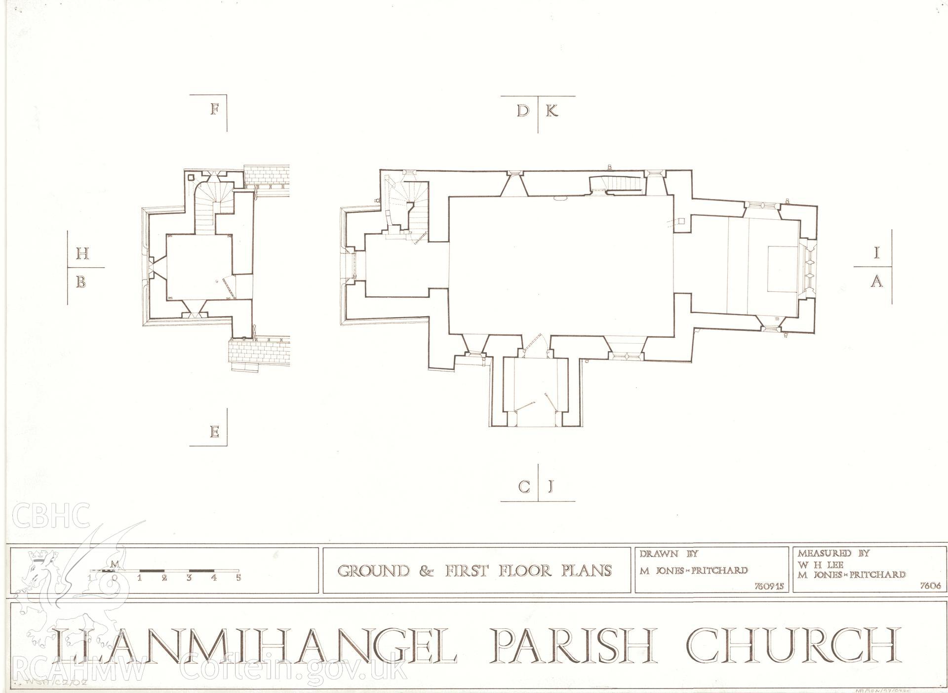 Measured drawing showing ground and first floor plans of Llanmihangel Parish Church, produced by M. Jones-Pritchard and W.H. Lee, 1976.