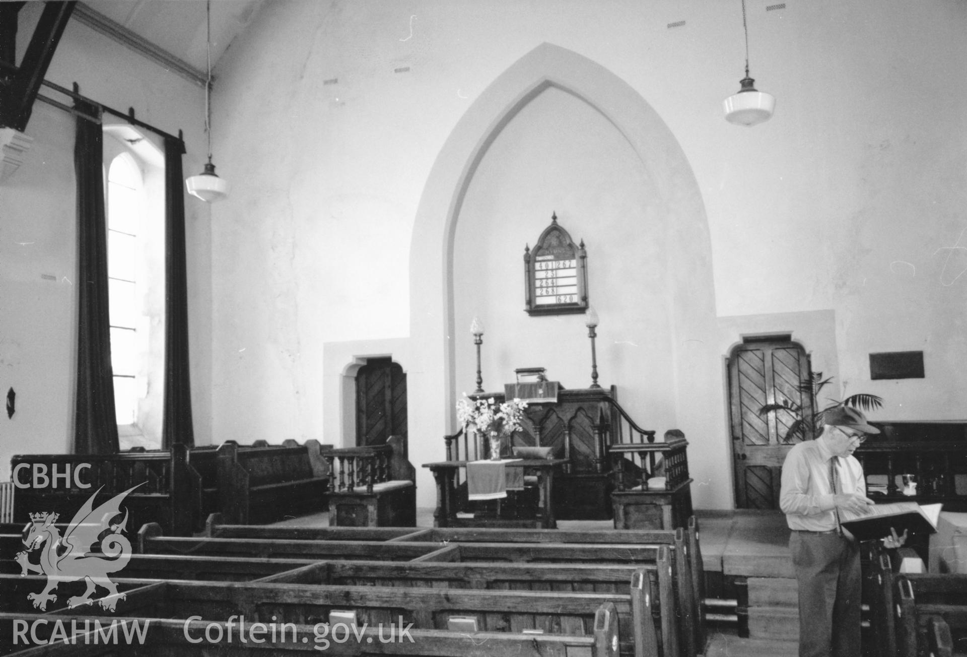 Digital copy of a black and white photograph showing an interior view of Jubilee Congregational Chapel, Neyland,  taken by Robert Scourfield, 1996.