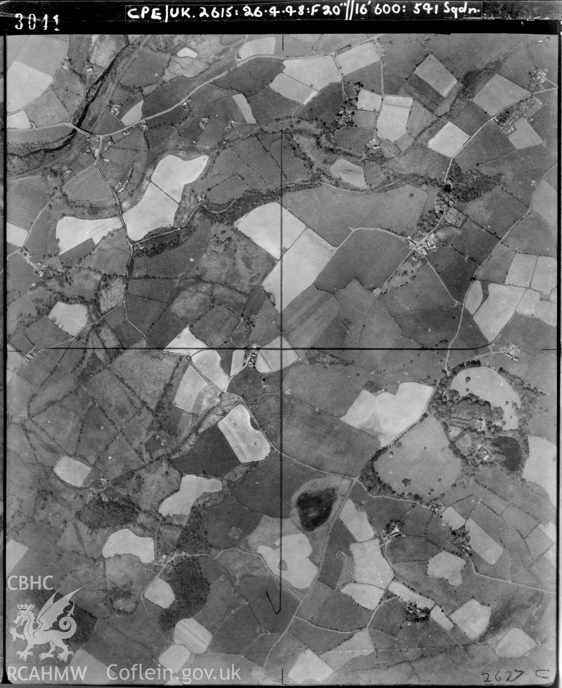 Black and white vertical aerial photograph taken by the RAF on 26/04/1948 centred on SH51876230 at a scale of 1:10000. The photograph includes part of Llanrug community in Gwynedd.
