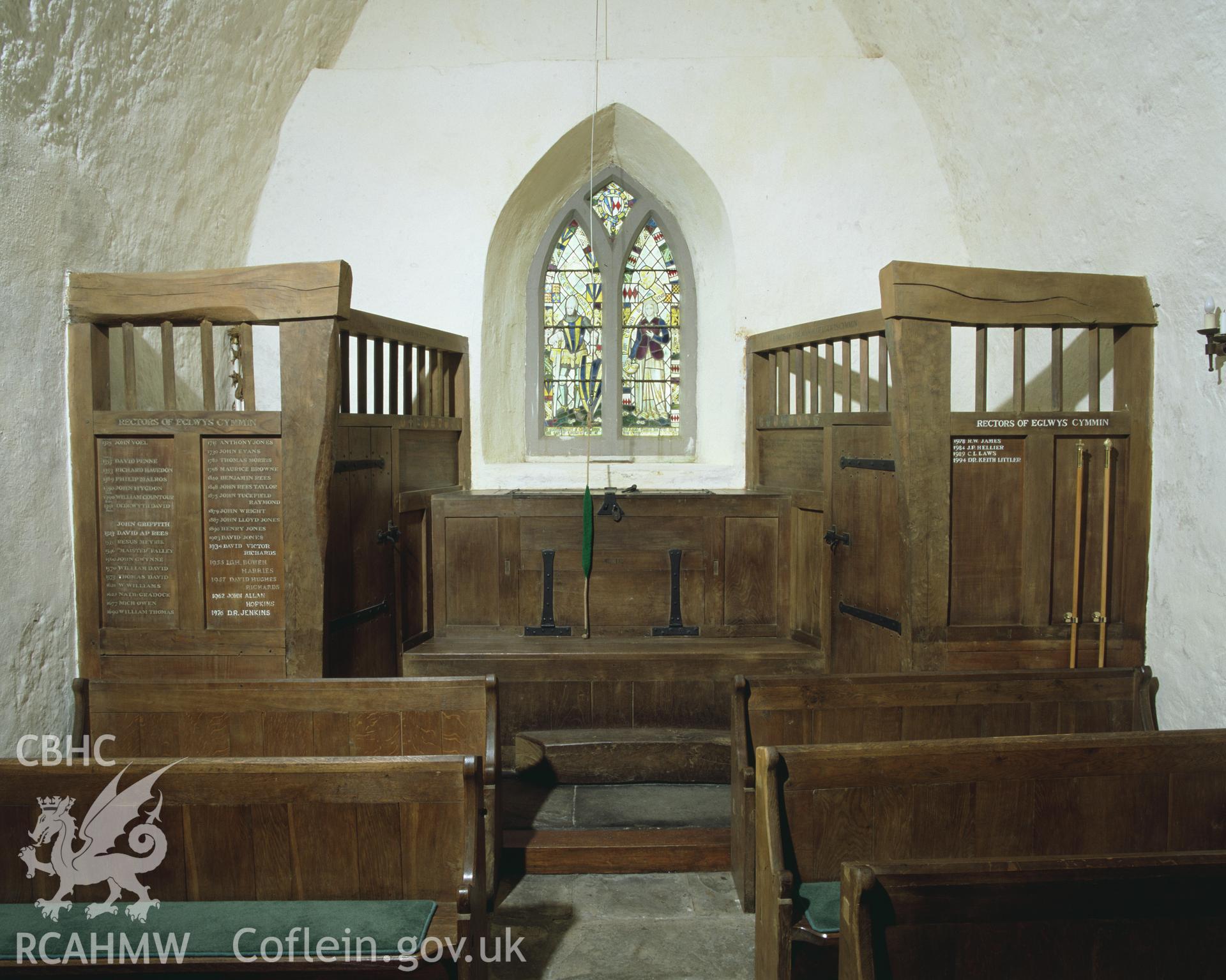 Colour transparency showing interior view of St Margaret's Church, Eglwyscumin, produced by Iain Wright, June 2004
