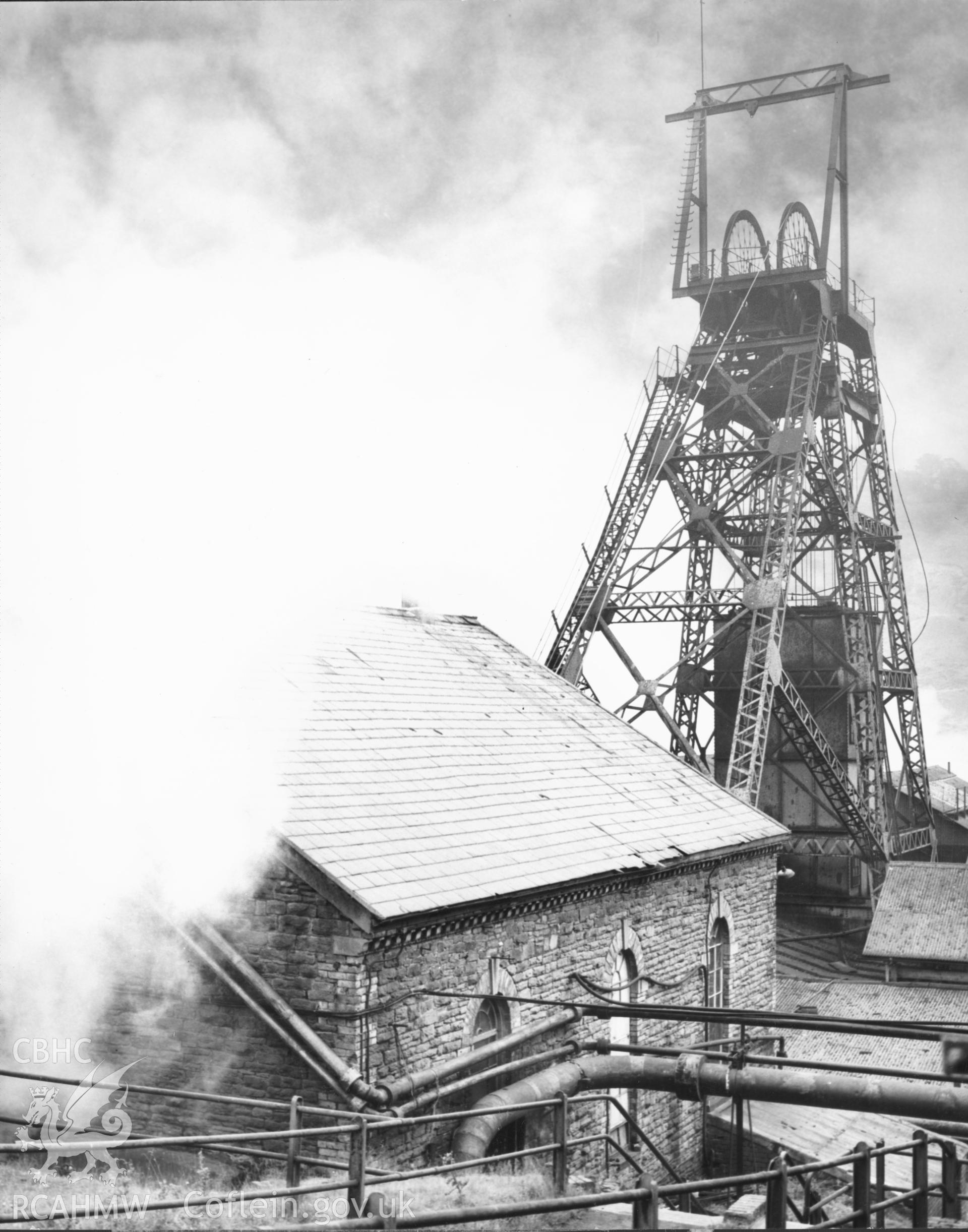 B&W photograph showing general view of the engine house at Pochin Colliery, Tredegar, taken by Douglas Hague, undated.